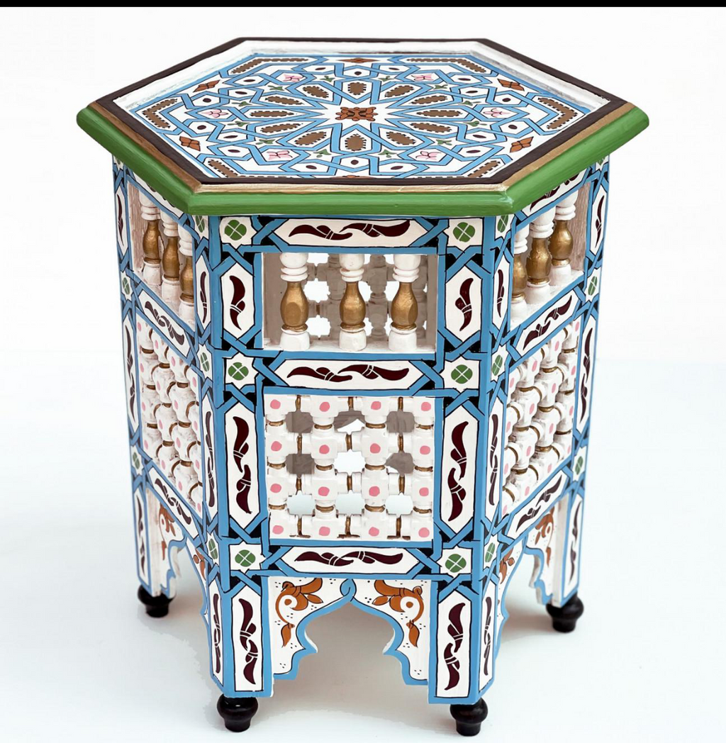 Hand-Painted Moroccan Side Table, Oriental Accent Table, Solid Wood, Handmade Boho Decor