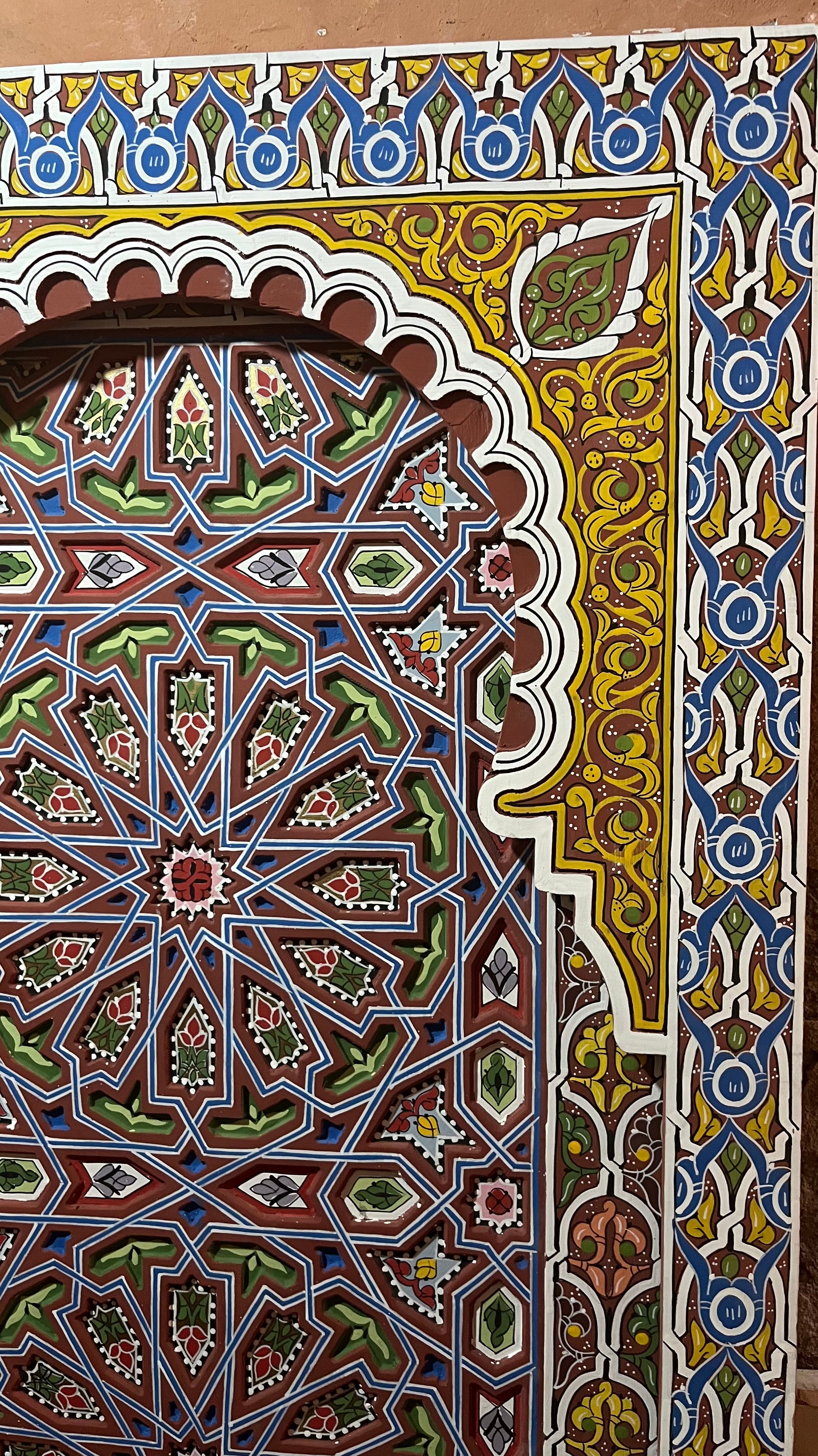 Hand-Painted Moroccan Door Panel Wall Art, Geometric Zellige Wooden Decor, Traditional Moroccan Wall Hanging, Carved Wood Panel, Custom Size Available