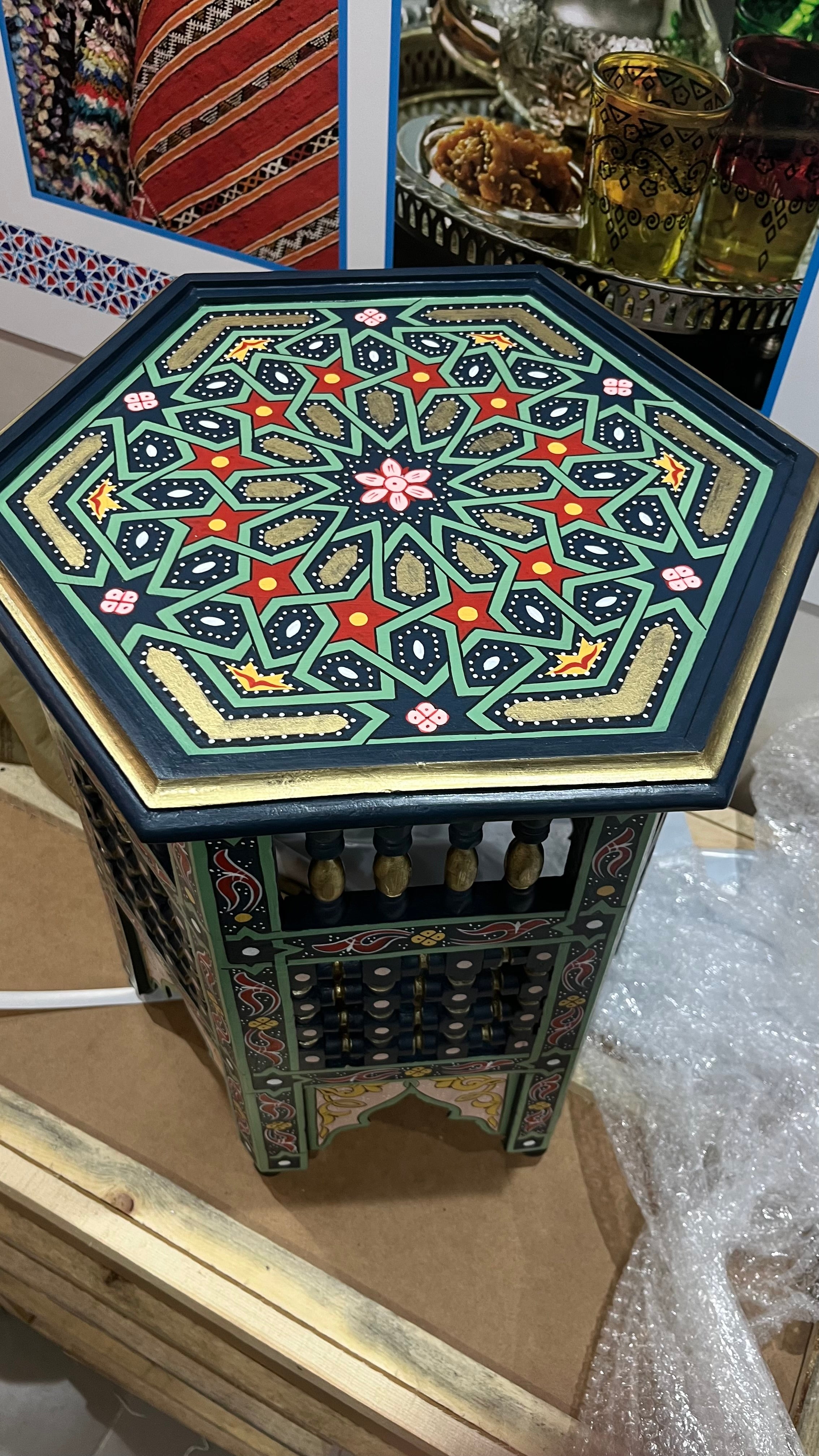 Hand-painted Moroccan side table, oriental side table, solid wood, handmade bohemian decor