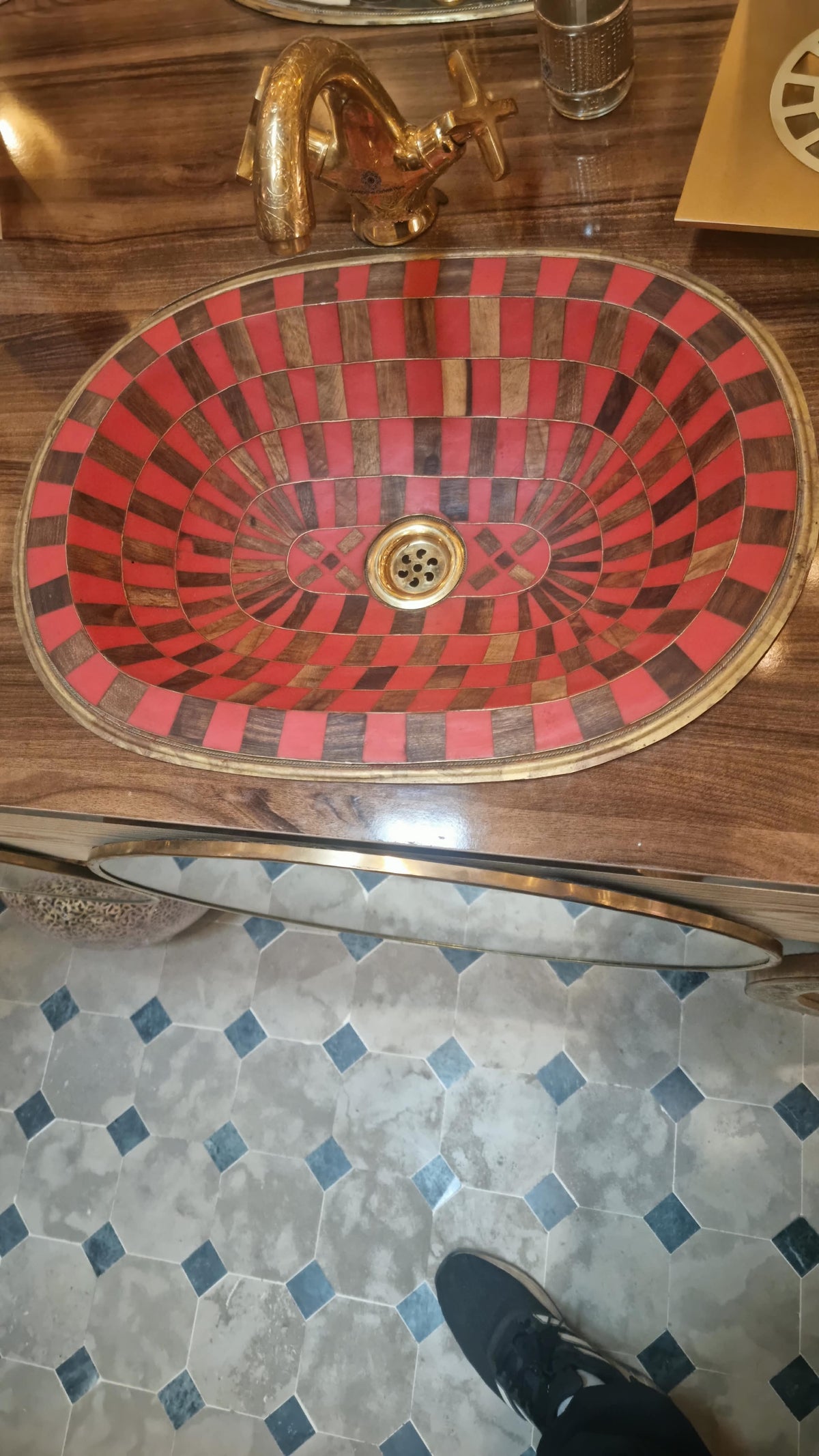 Handmade Moroccan Copper Vessel Sink – Red and Brown Geometric Mosaic Washbasin