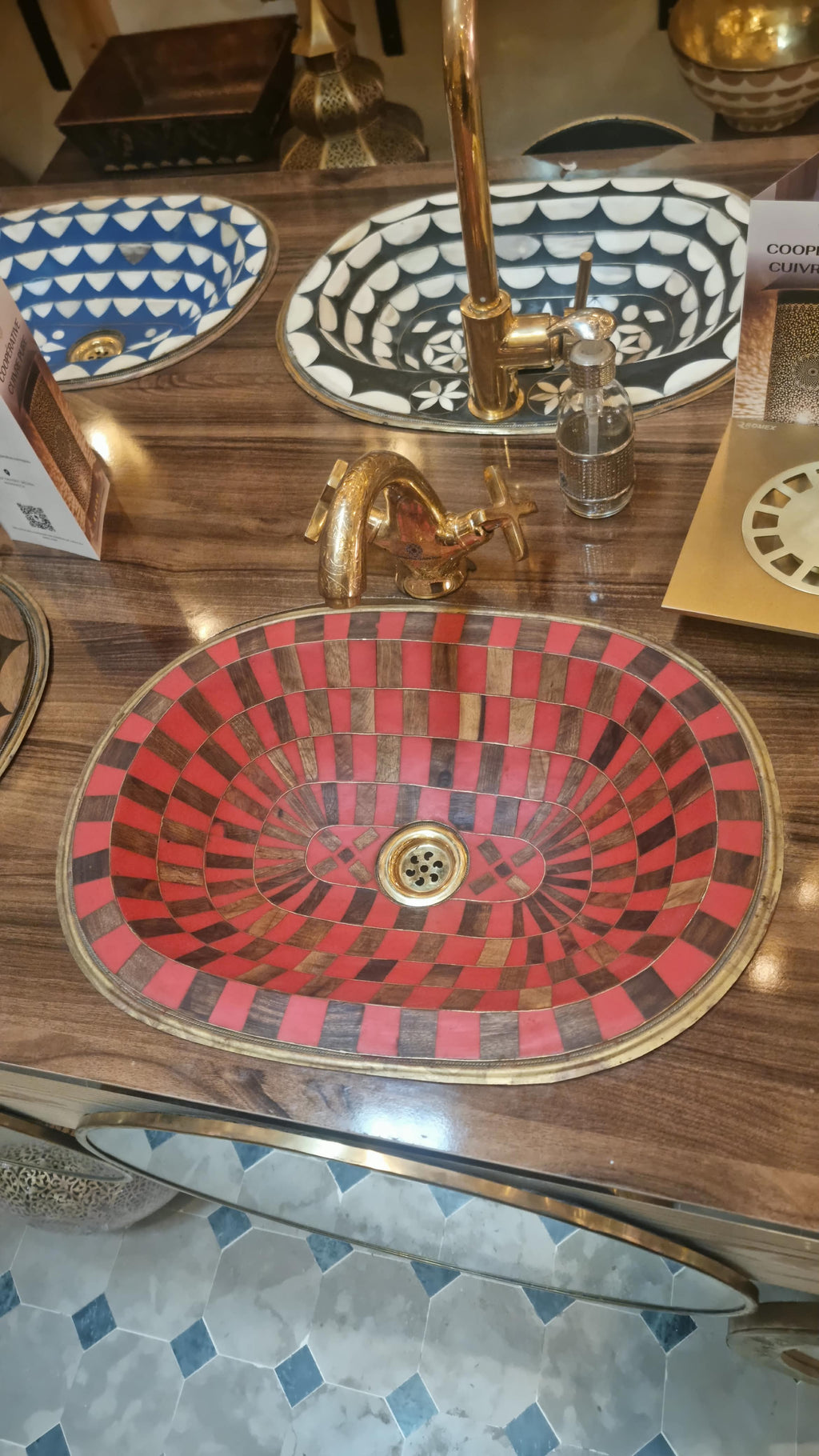 Handmade Moroccan Copper Vessel Sink – Red and Brown Geometric Mosaic Washbasin