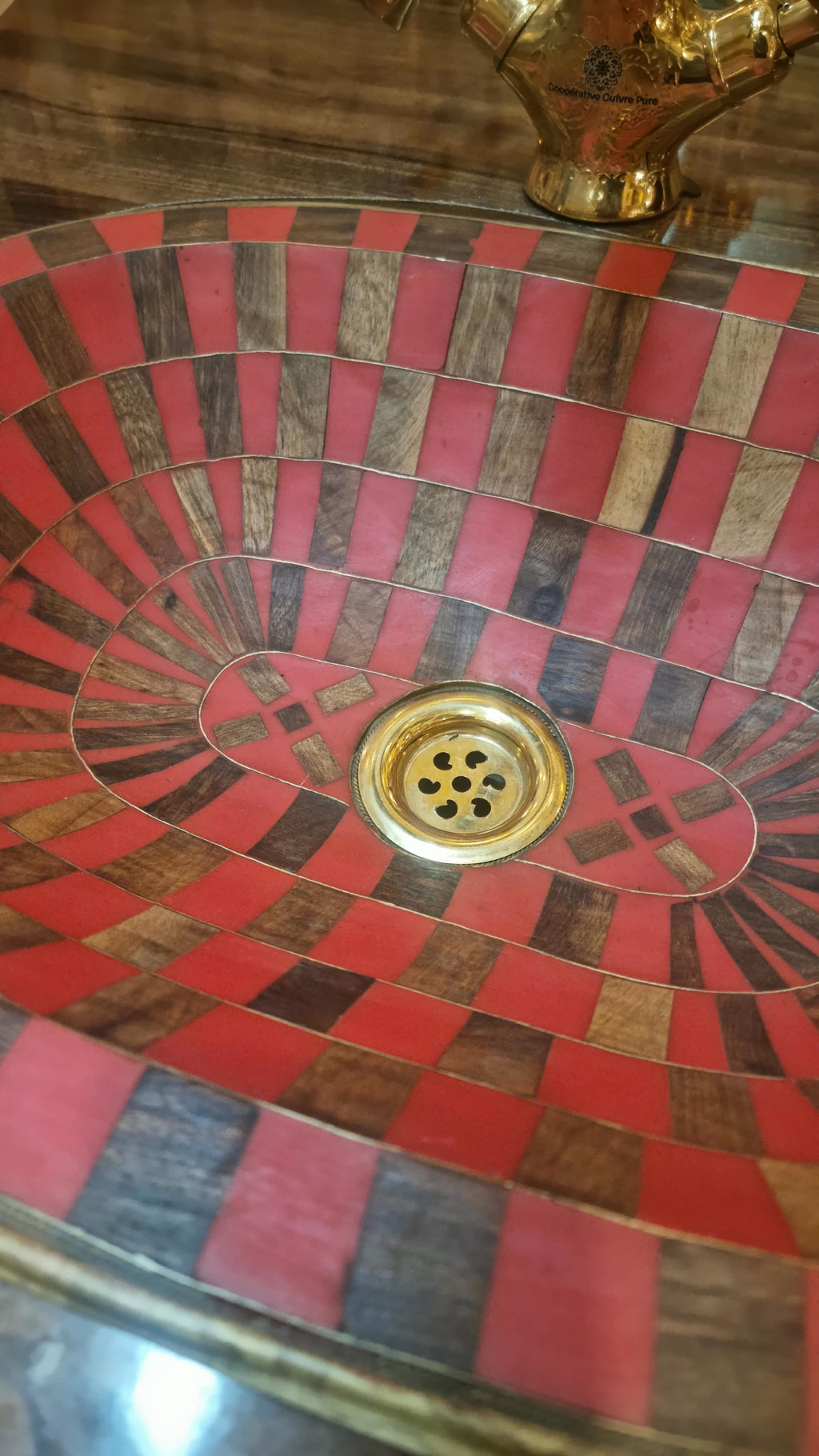 Handmade Moroccan Copper Vessel Sink – Red and Brown Geometric Mosaic Washbasin