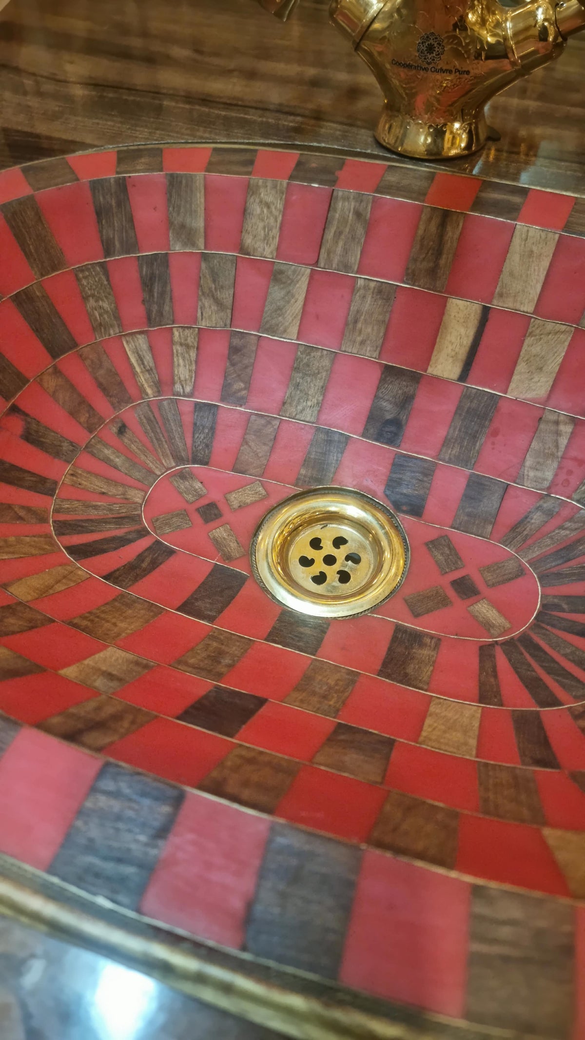 Handmade Moroccan Copper Vessel Sink – Red and Brown Geometric Mosaic Washbasin