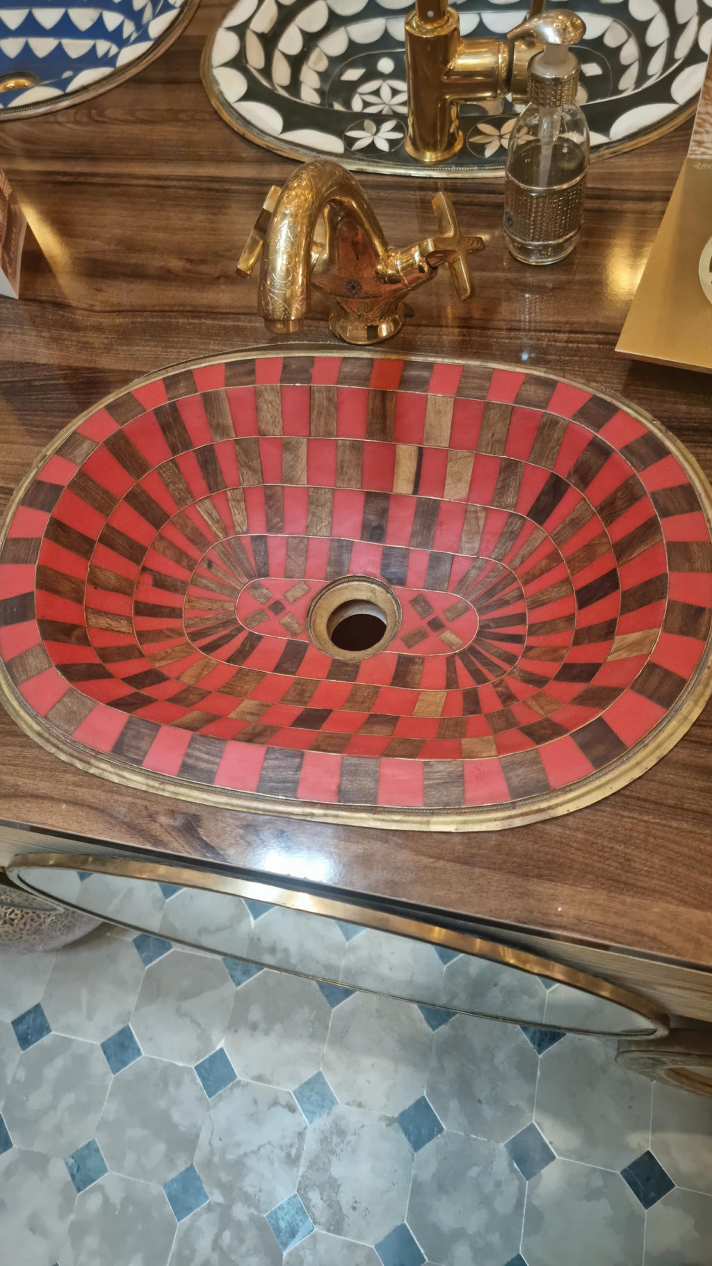 Handmade Moroccan Copper Vessel Sink – Red and Brown Geometric Mosaic Washbasin