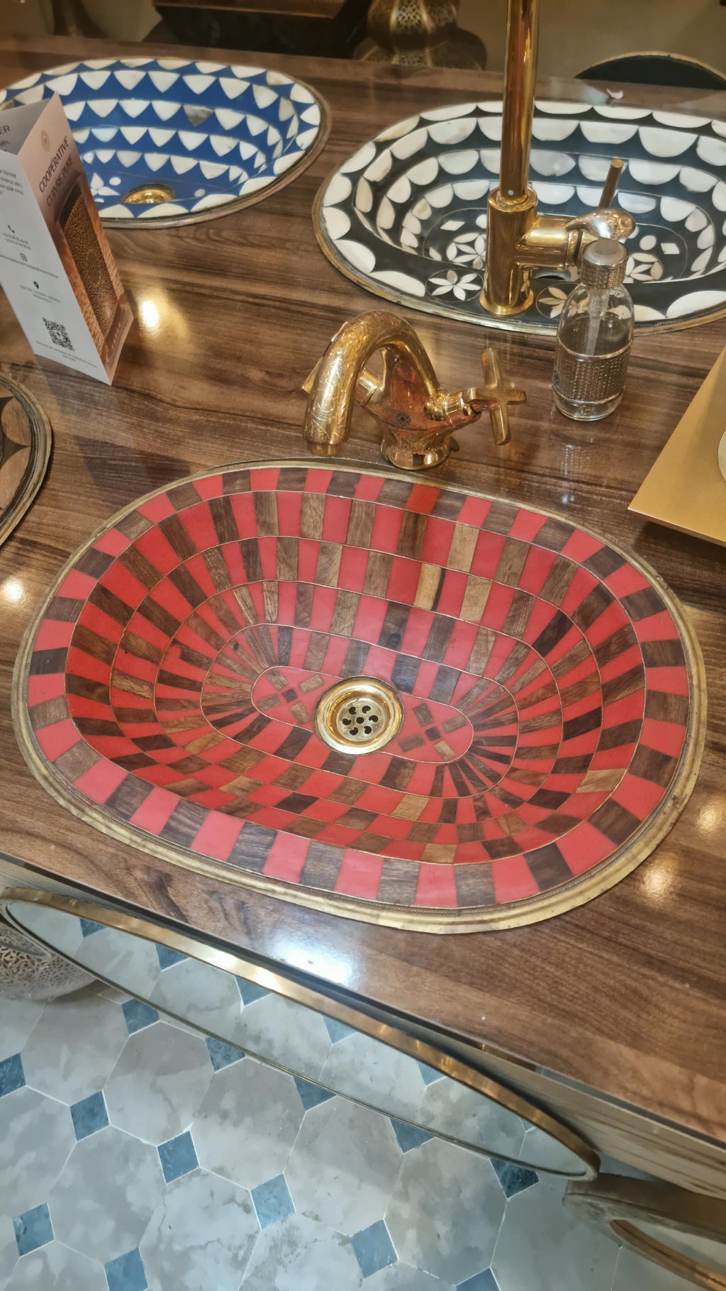 Handmade Moroccan Copper Vessel Sink – Red and Brown Geometric Mosaic Washbasin
