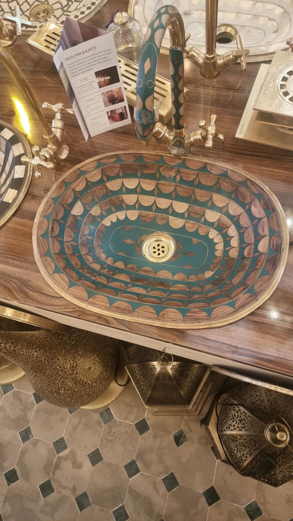 Handcrafted Moroccan Brass and Resin Bathroom Vessel Sink – Colorful Artisan Washbasin