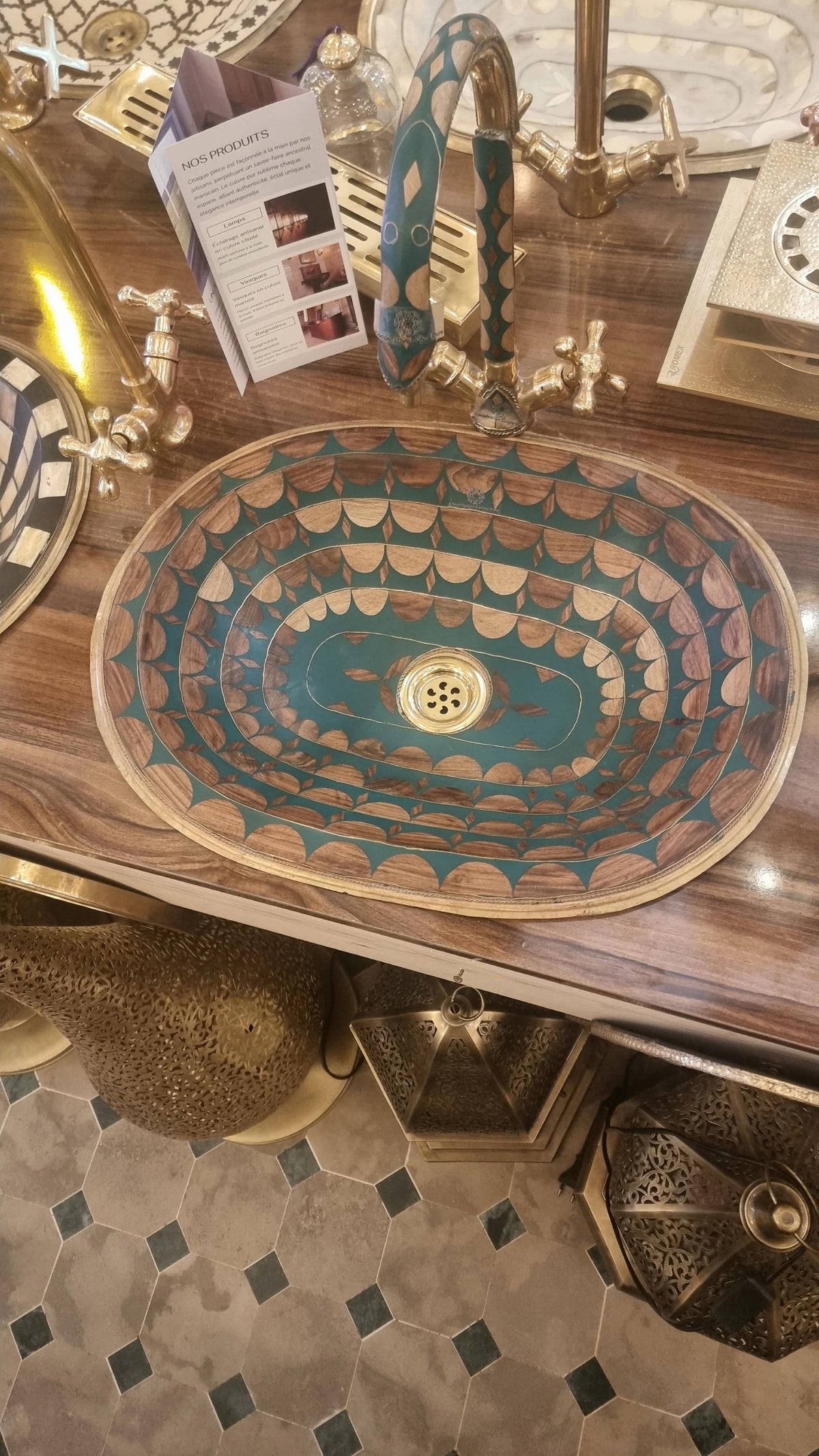 Handcrafted Moroccan Brass and Resin Bathroom Vessel Sink – Colorful Artisan Washbasin