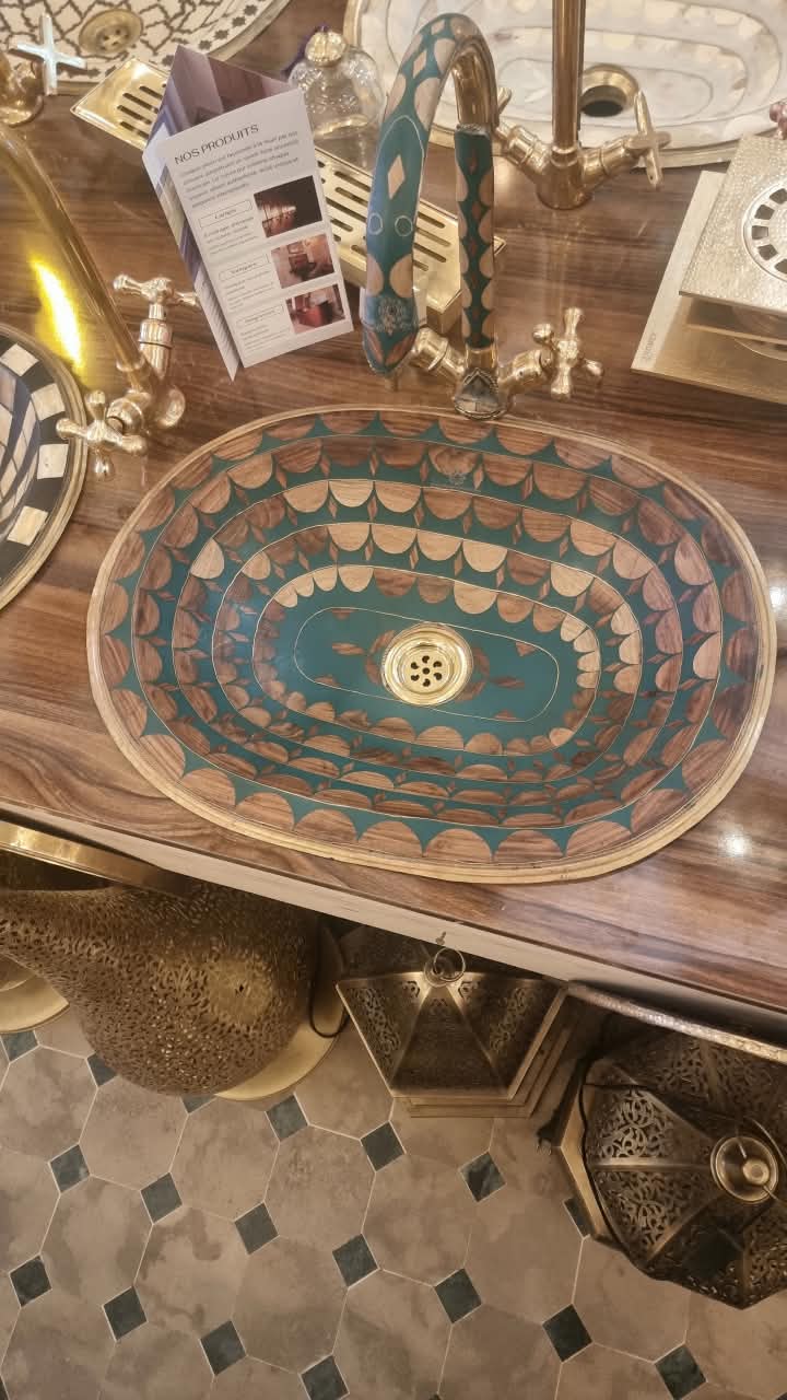 Handcrafted Moroccan Brass and Resin Bathroom Vessel Sink – Colorful Artisan Washbasin