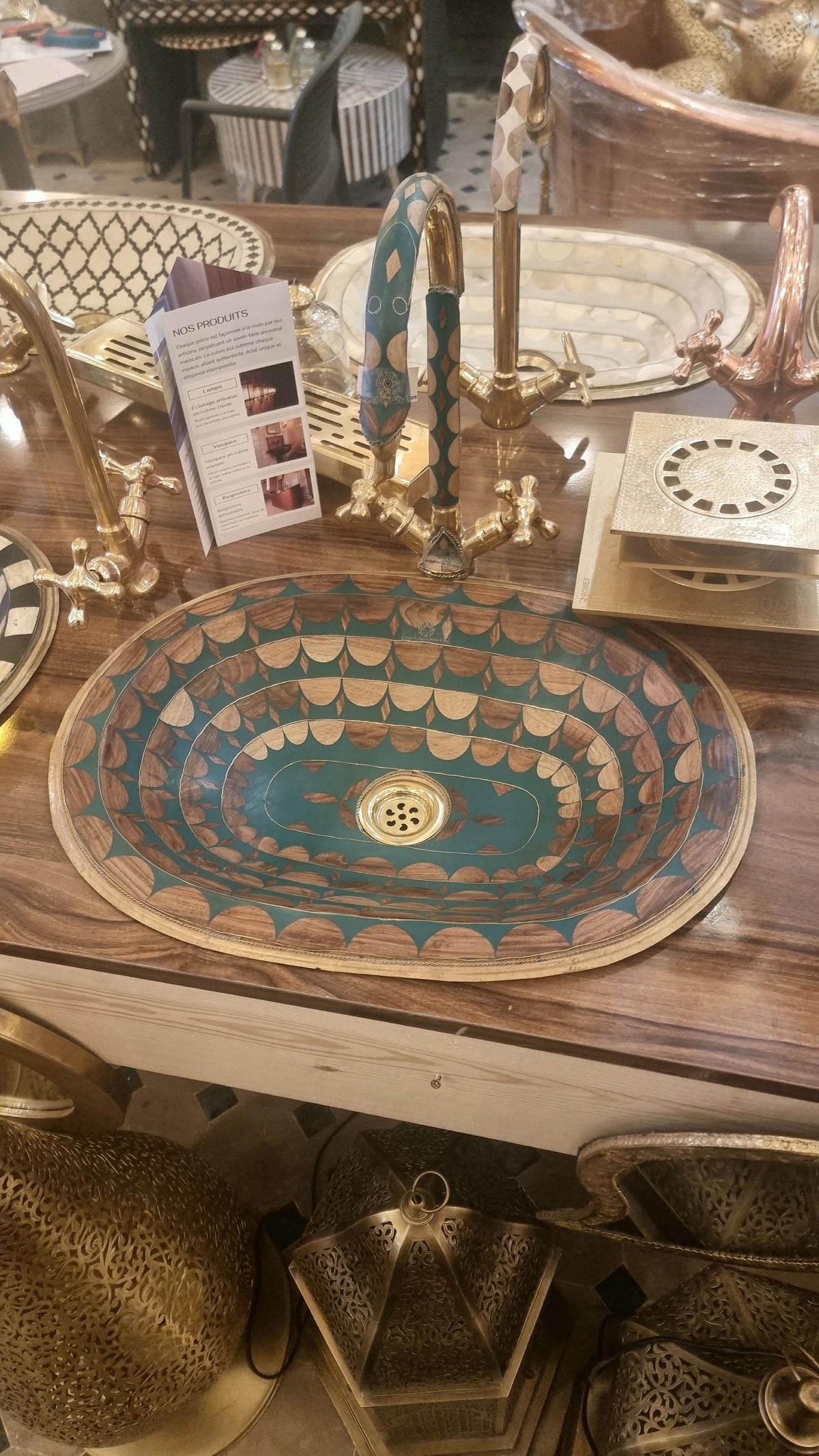 Handcrafted Moroccan Brass and Resin Bathroom Vessel Sink – Colorful Artisan Washbasin