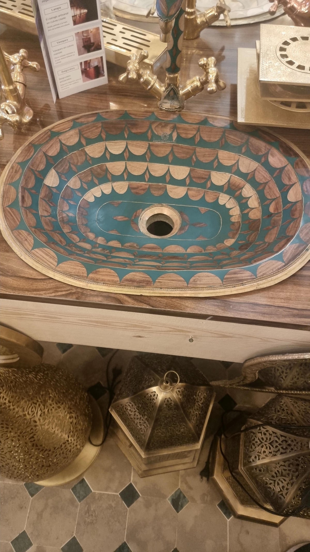Handcrafted Moroccan Brass and Resin Bathroom Vessel Sink – Colorful Artisan Washbasin