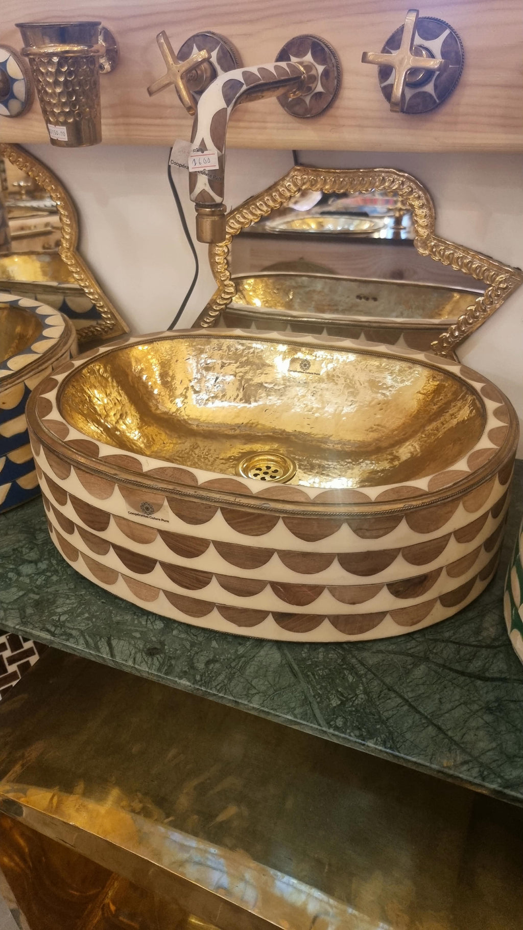 Handmade Moroccan Brass and Resin Bathroom Vessel Sink – Colorful Artisan Wash Basin
