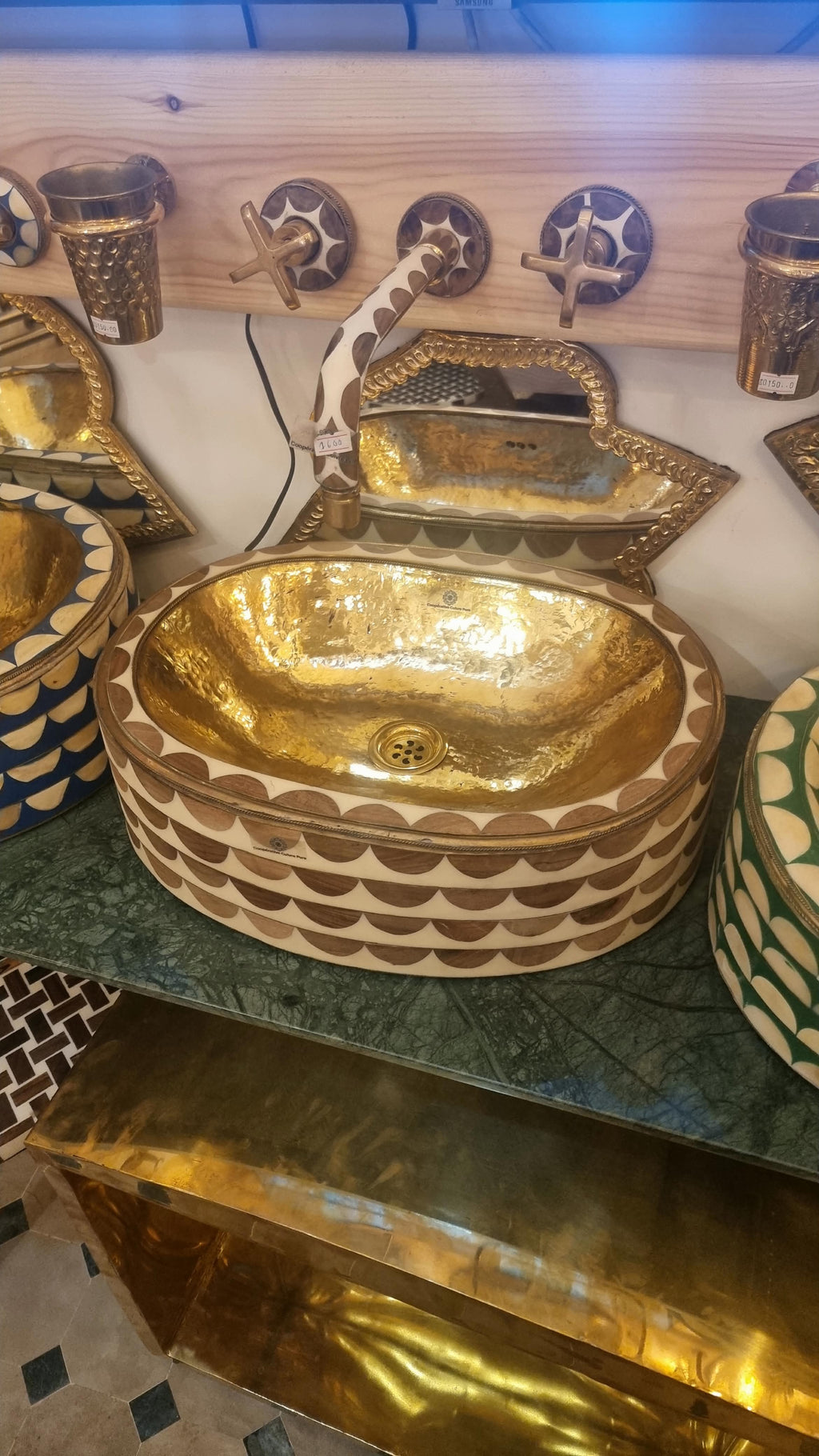 Handmade Moroccan Brass and Resin Bathroom Vessel Sink – Colorful Artisan Wash Basin