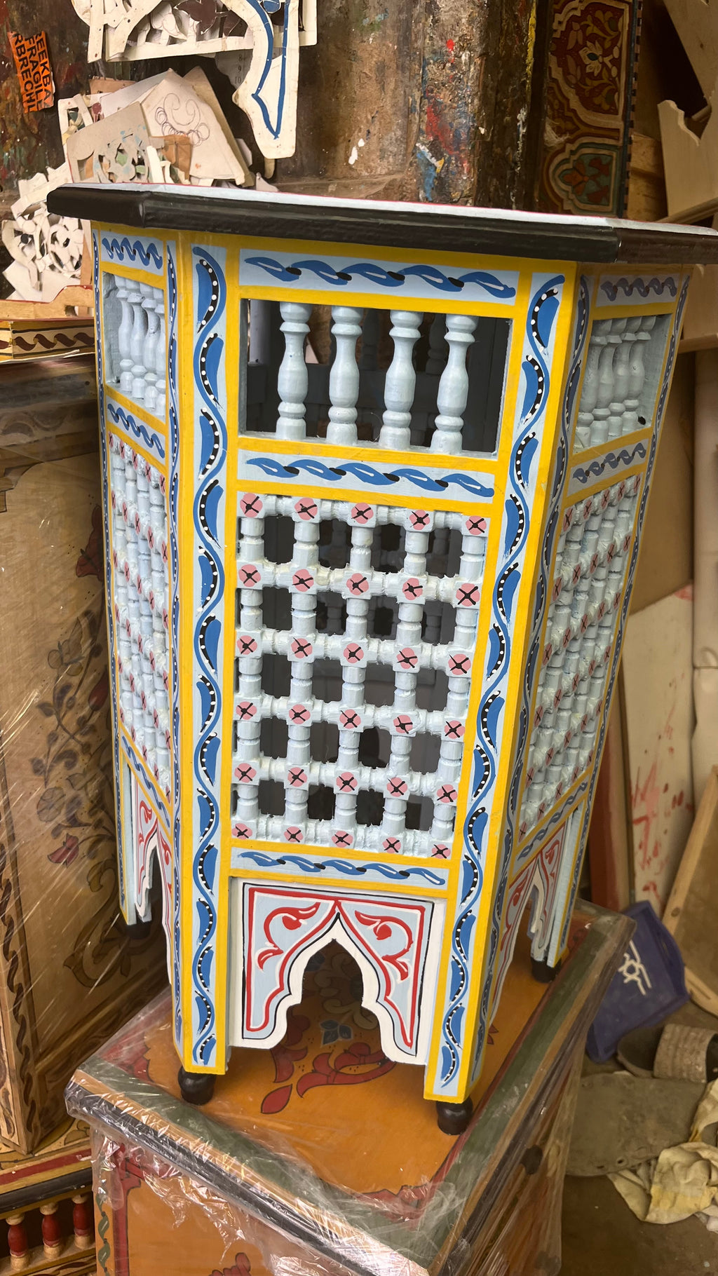 Hand-Painted Moroccan Side Table, Oriental Accent Table, Solid Wood, Handmade Boho Decor
