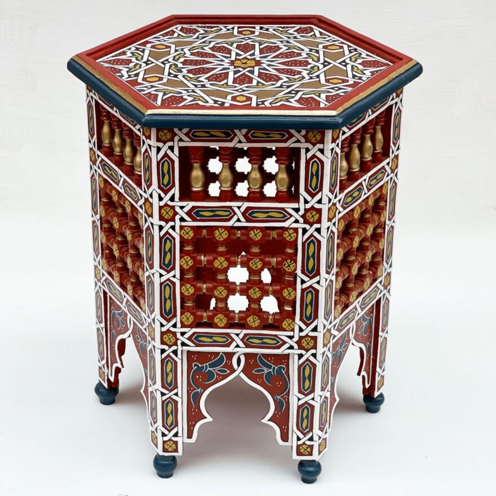 Hand-Painted Moroccan Side Table, Oriental Accent Table, Solid Wood, Handmade Boho Decor