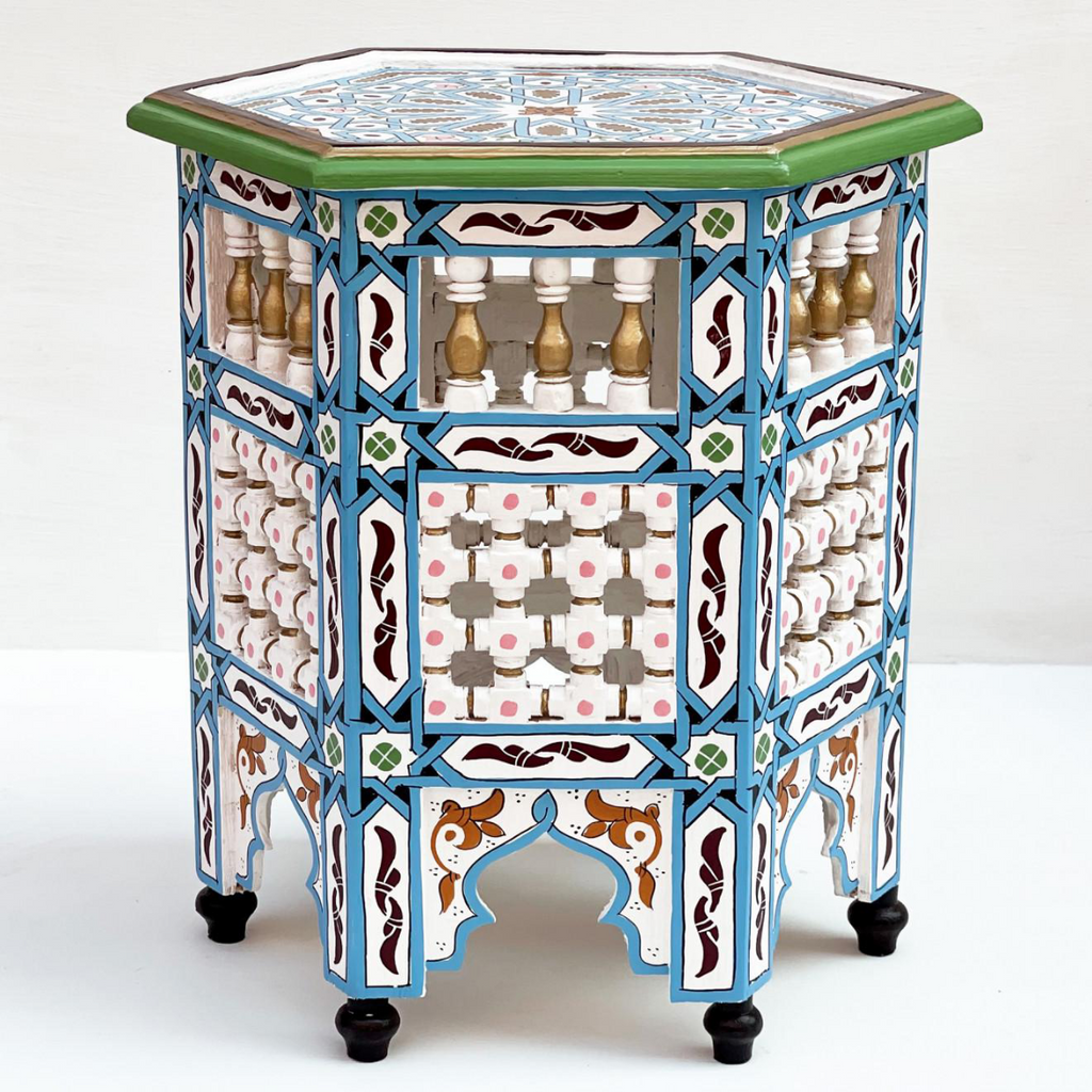 Hand-Painted Moroccan Side Table, Oriental Accent Table, Solid Wood, Handmade Boho Decor