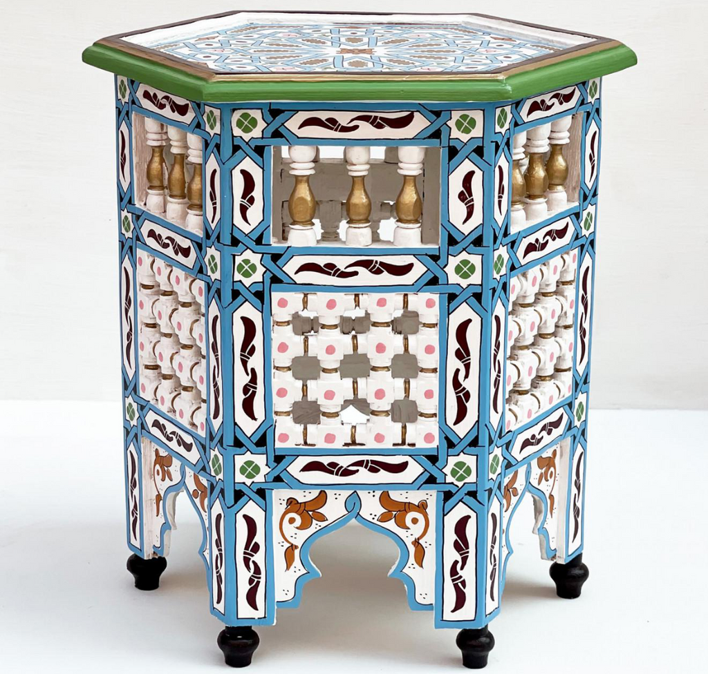 Hand-Painted Moroccan Side Table, Oriental Accent Table, Solid Wood, Handmade Boho Decor