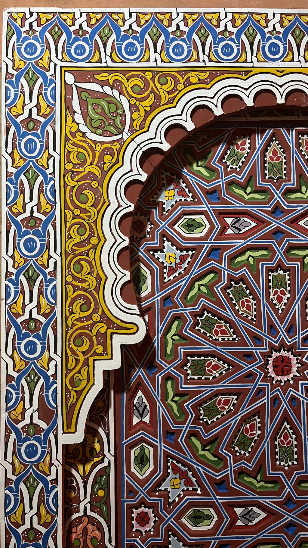 Hand-Painted Moroccan Door Panel Wall Art, Geometric Zellige Wooden Decor, Traditional Moroccan Wall Hanging, Carved Wood Panel, Custom Size Available