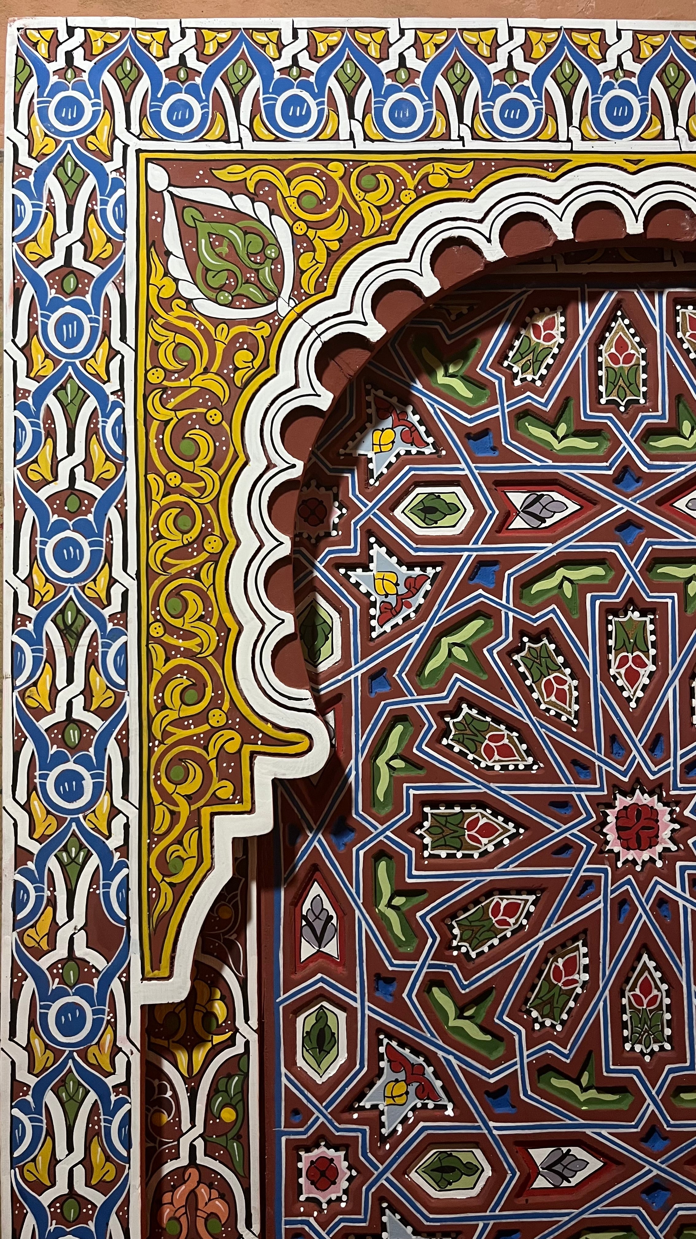 Hand-Painted Moroccan Door Panel Wall Art, Geometric Zellige Wooden Decor, Traditional Moroccan Wall Hanging, Carved Wood Panel, Custom Size Available