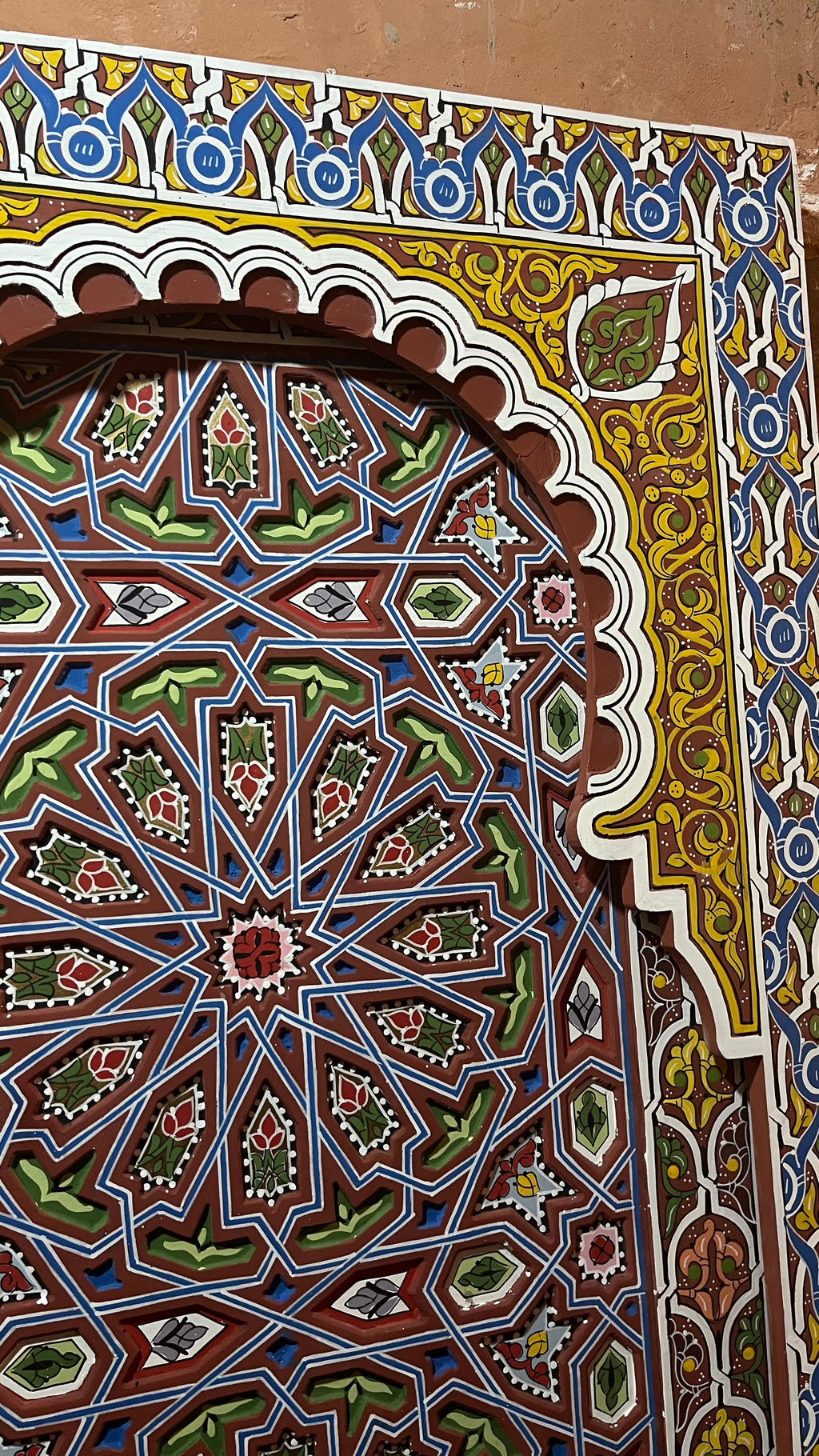 Hand-Painted Moroccan Door Panel Wall Art, Geometric Zellige Wooden Decor, Traditional Moroccan Wall Hanging, Carved Wood Panel, Custom Size Available