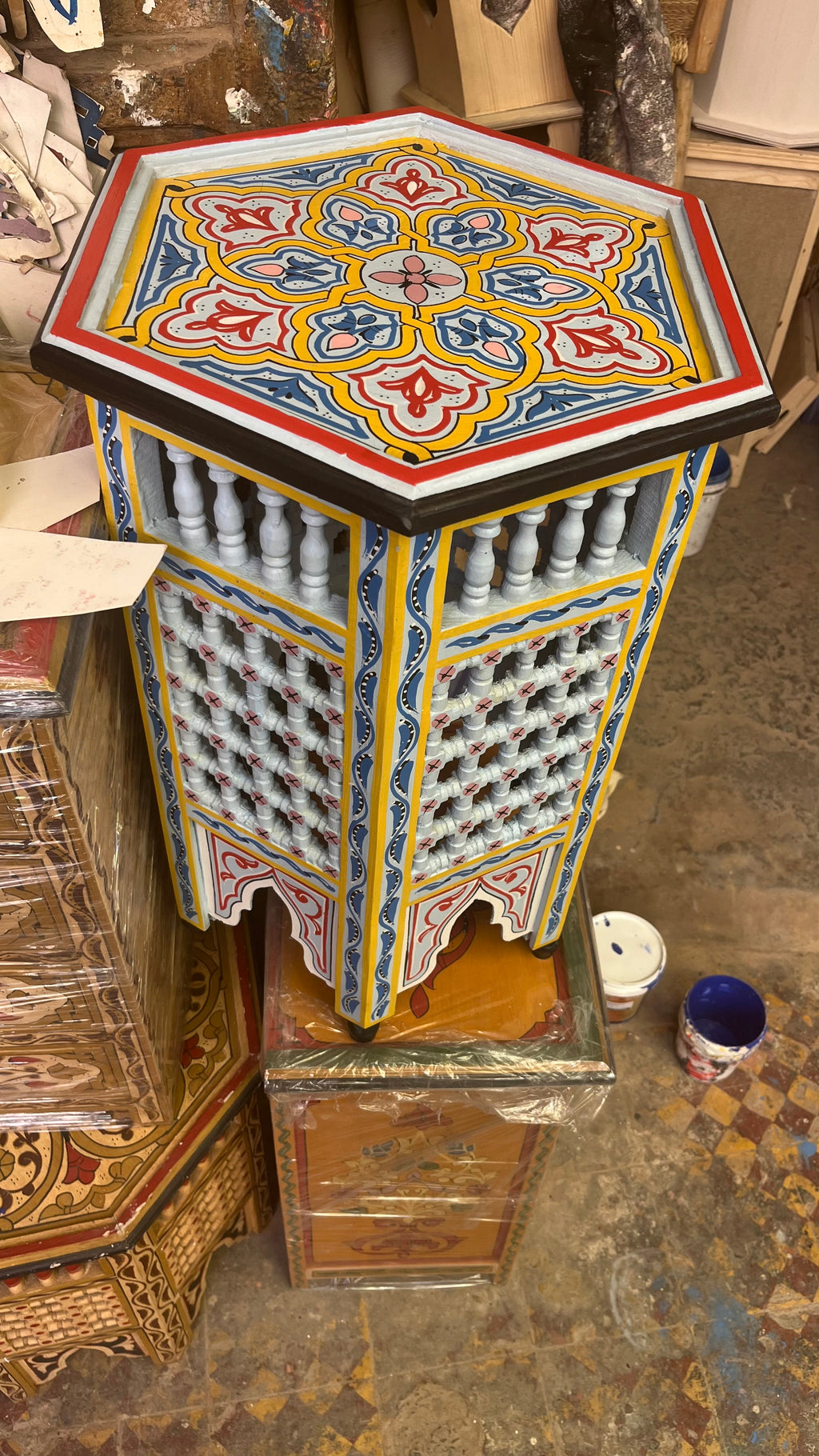 Hand-Painted Moroccan Side Table, Oriental Accent Table, Solid Wood, Handmade Boho Decor