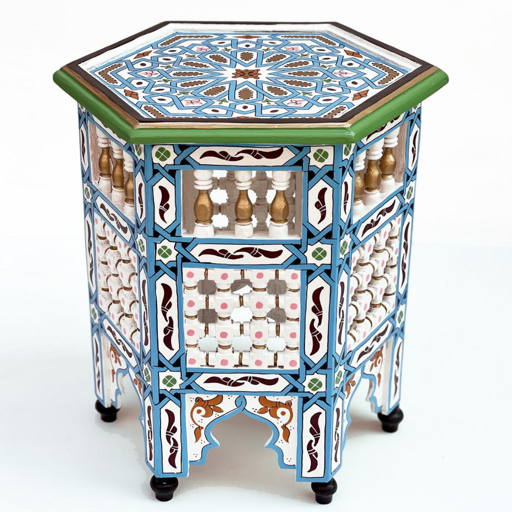 Hand-Painted Moroccan Side Table, Oriental Accent Table, Solid Wood, Handmade Boho Decor