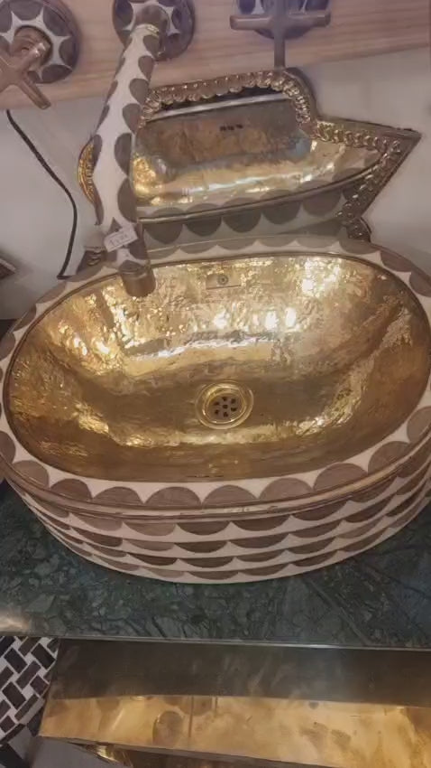 Handmade Moroccan Brass and Resin Bathroom Vessel Sink – Colorful Artisan Wash Basin