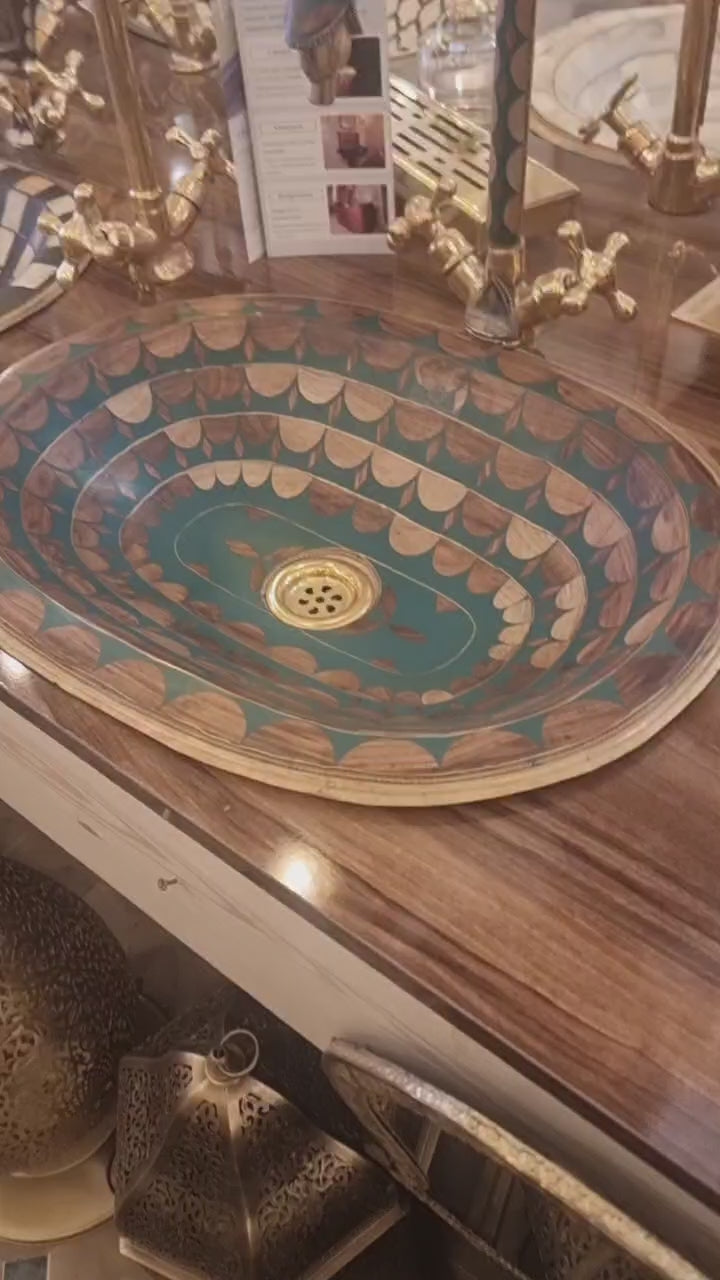 Handcrafted Moroccan Brass and Resin Bathroom Vessel Sink – Colorful Artisan Washbasin