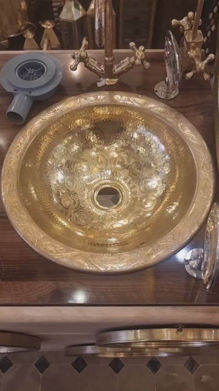 Handmade Moroccan Brass Vessel Sink – Engraved Gold Bathroom Basin, Traditional Hammered Washbasin