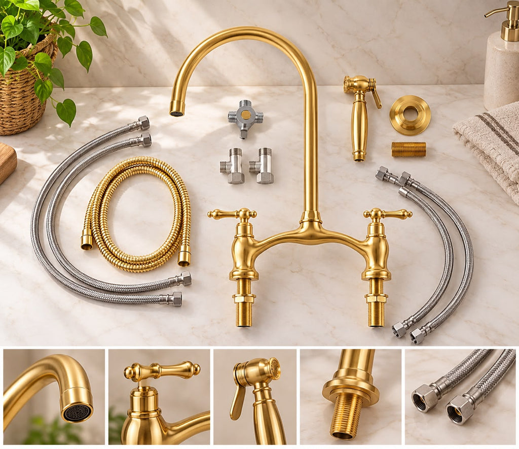 Handcrafted Moroccan Bridge Kitchen Faucet – Unlacquered Brass with Side Sprayer