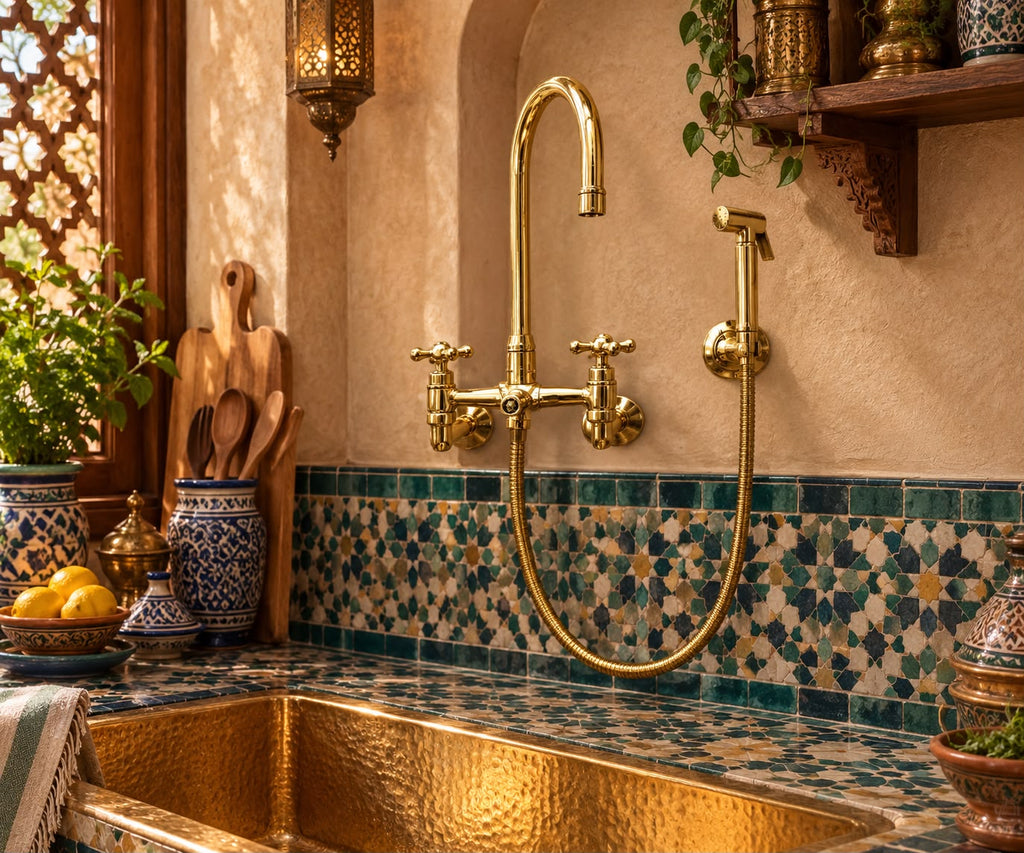 Handcrafted Brass Bridge Kitchen Faucet with Side Sprayer – Unlacquered Brass Country Style Faucet