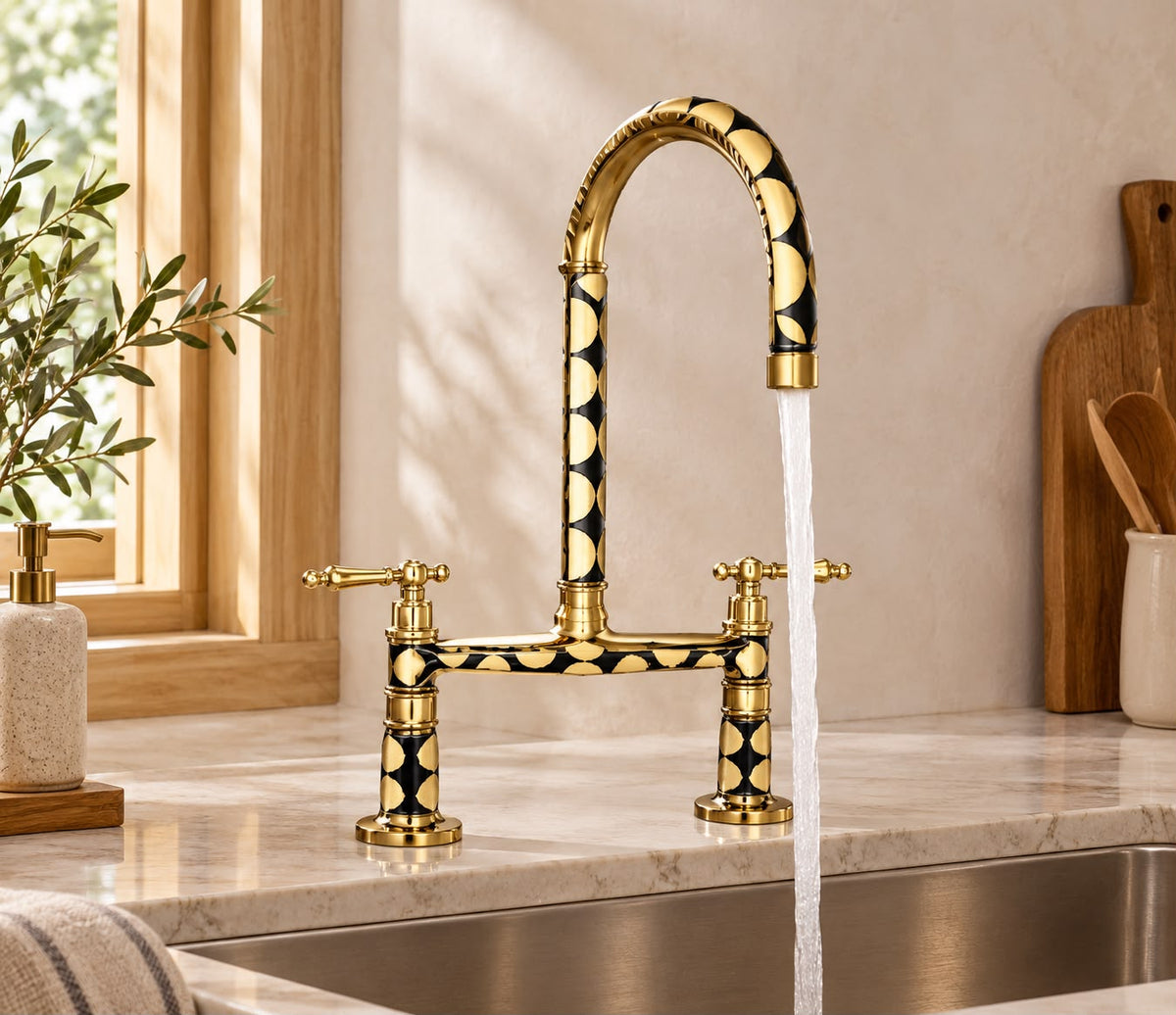 Handmade Brass Bridge Kitchen Faucet with Resin Inlay – Vintage Artisan Design