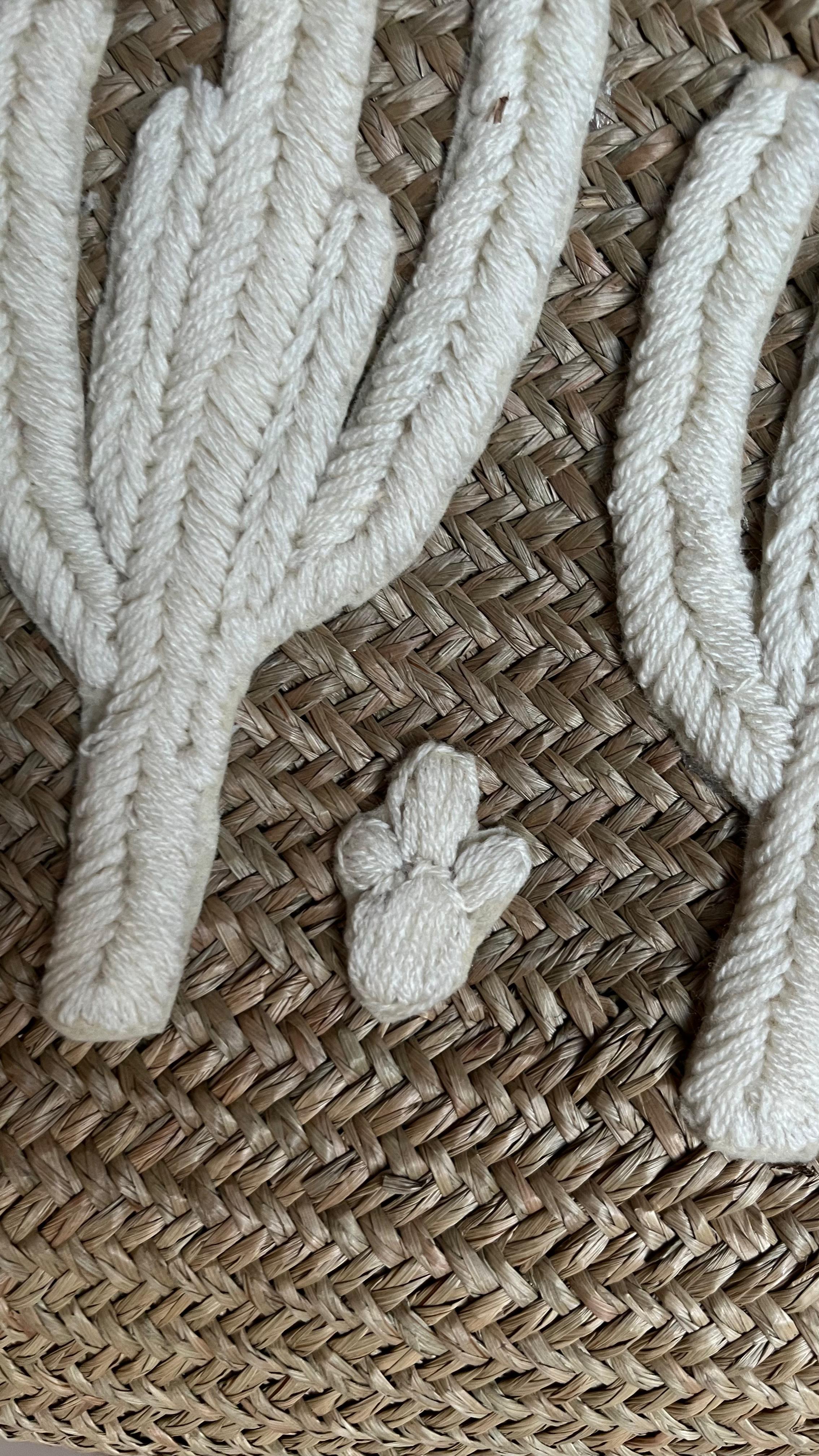 Handwoven straw beach bag white cactus design Moroccan market tote