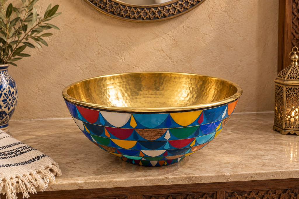 Handmade Brass Vessel Sink – Bathroom Basin with Wood & Colorful Resin Inlay – Moroccan Artisan Sink