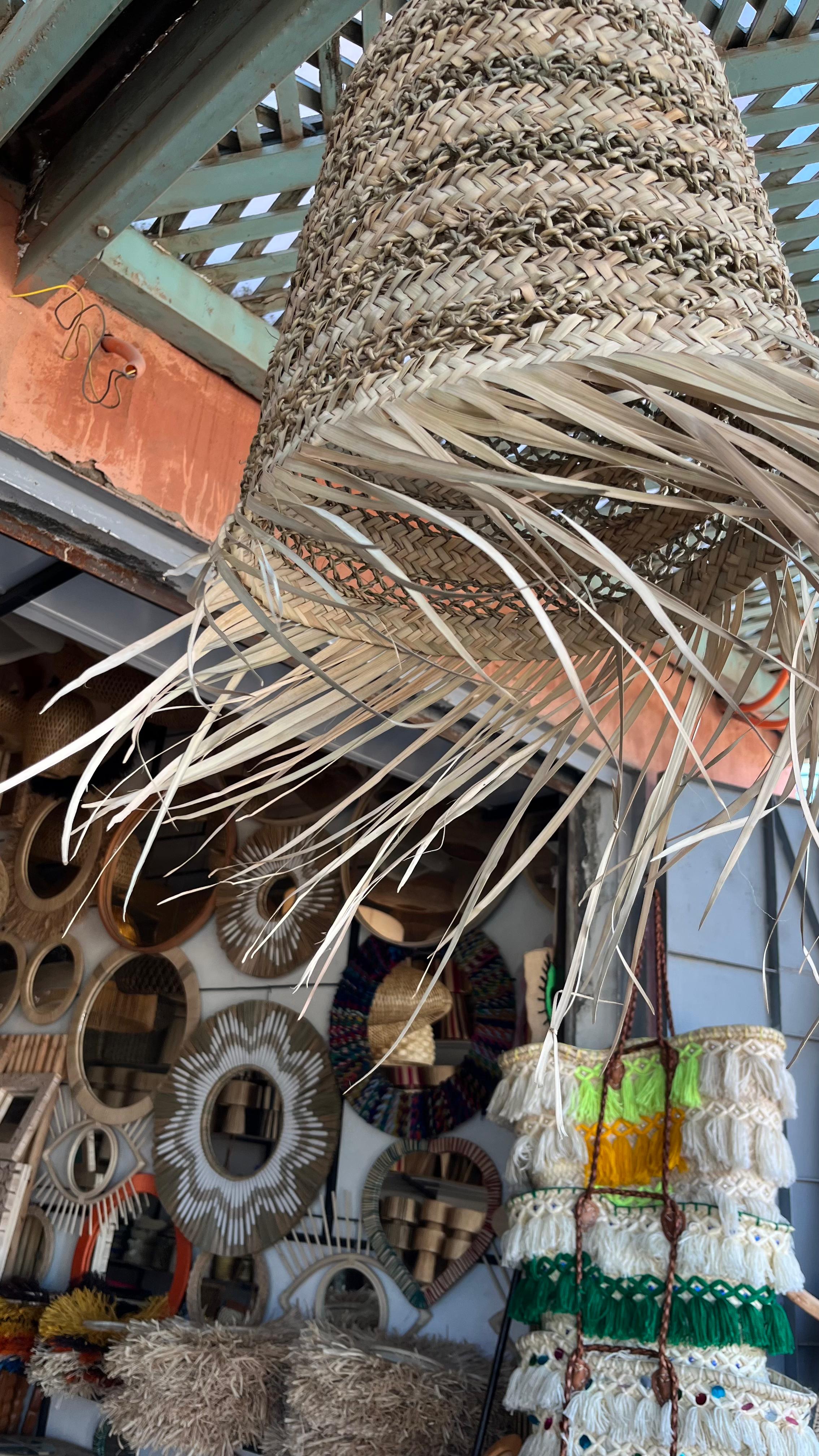 Handwoven Palm staw pendant light boho fringe lampshade natural home decor
