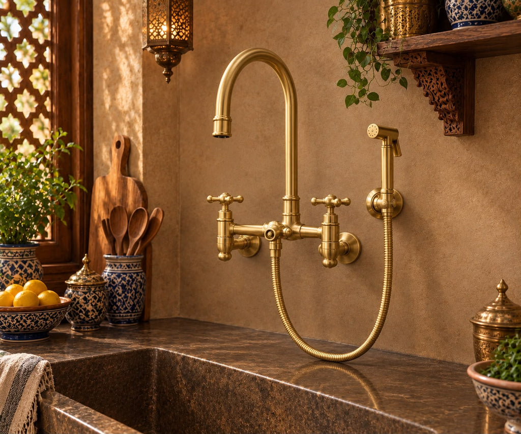 Handcrafted Brass Bridge Kitchen Faucet with Side Sprayer – Unlacquered Brass Country Style Faucet