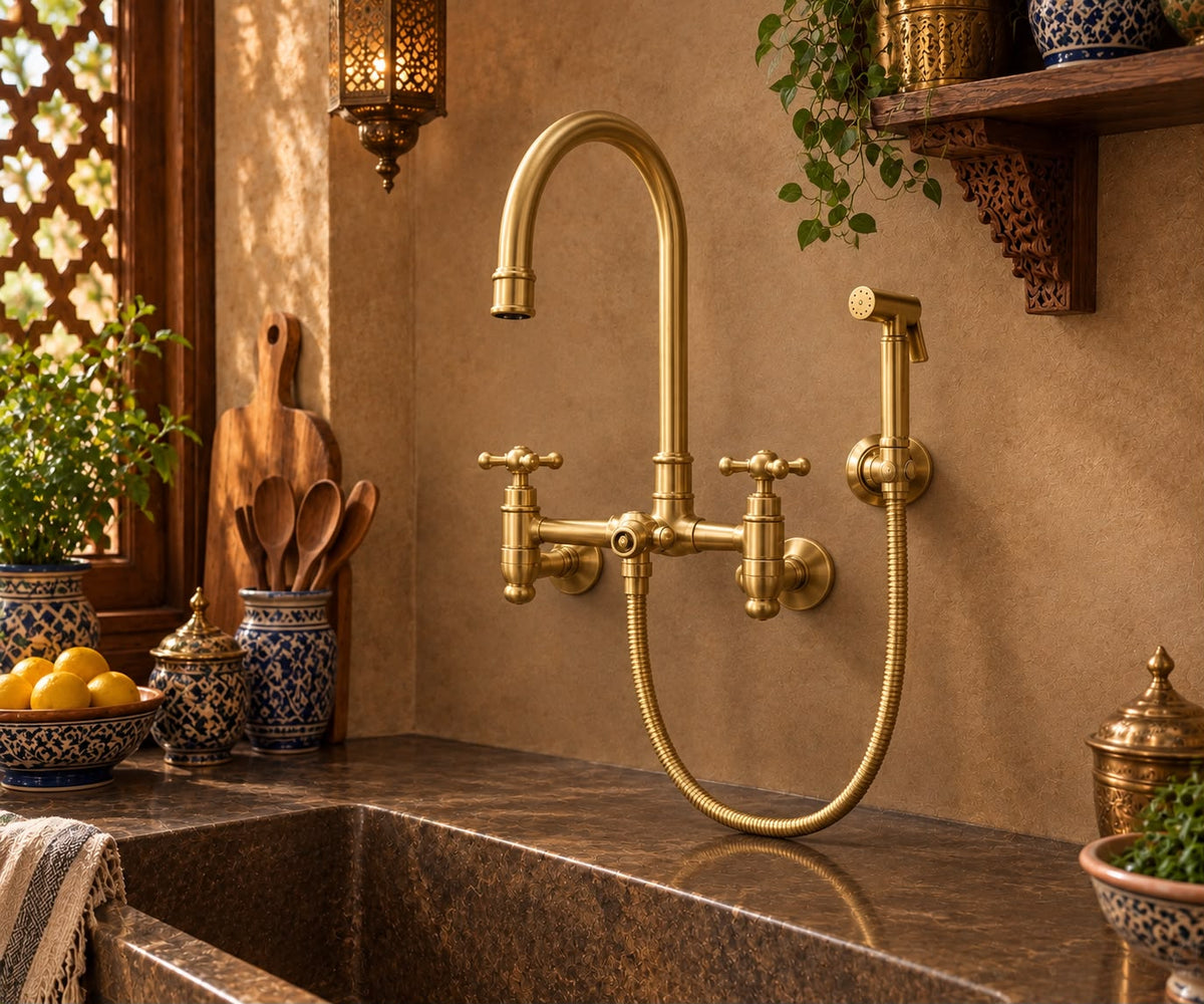 Handcrafted Brass Bridge Kitchen Faucet with Side Sprayer – Unlacquered Brass Country Style Faucet