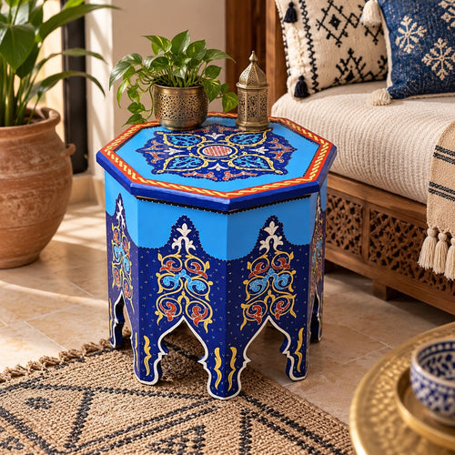 Hand-Painted Moroccan Side Table | Handmade Cedar Wood Accent Table