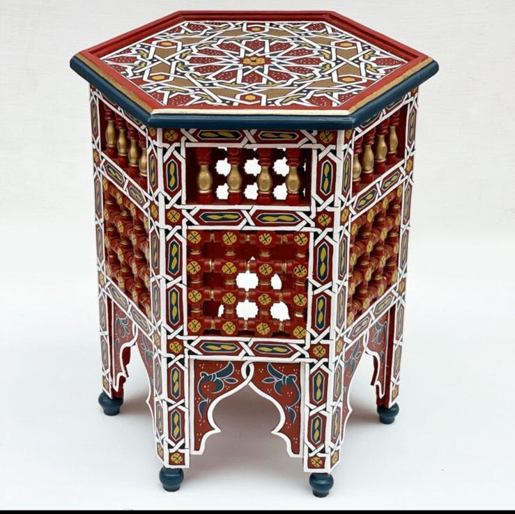 Hand-Painted Moroccan Side Table, Oriental Accent Table, Solid Wood, Handmade Boho Decor