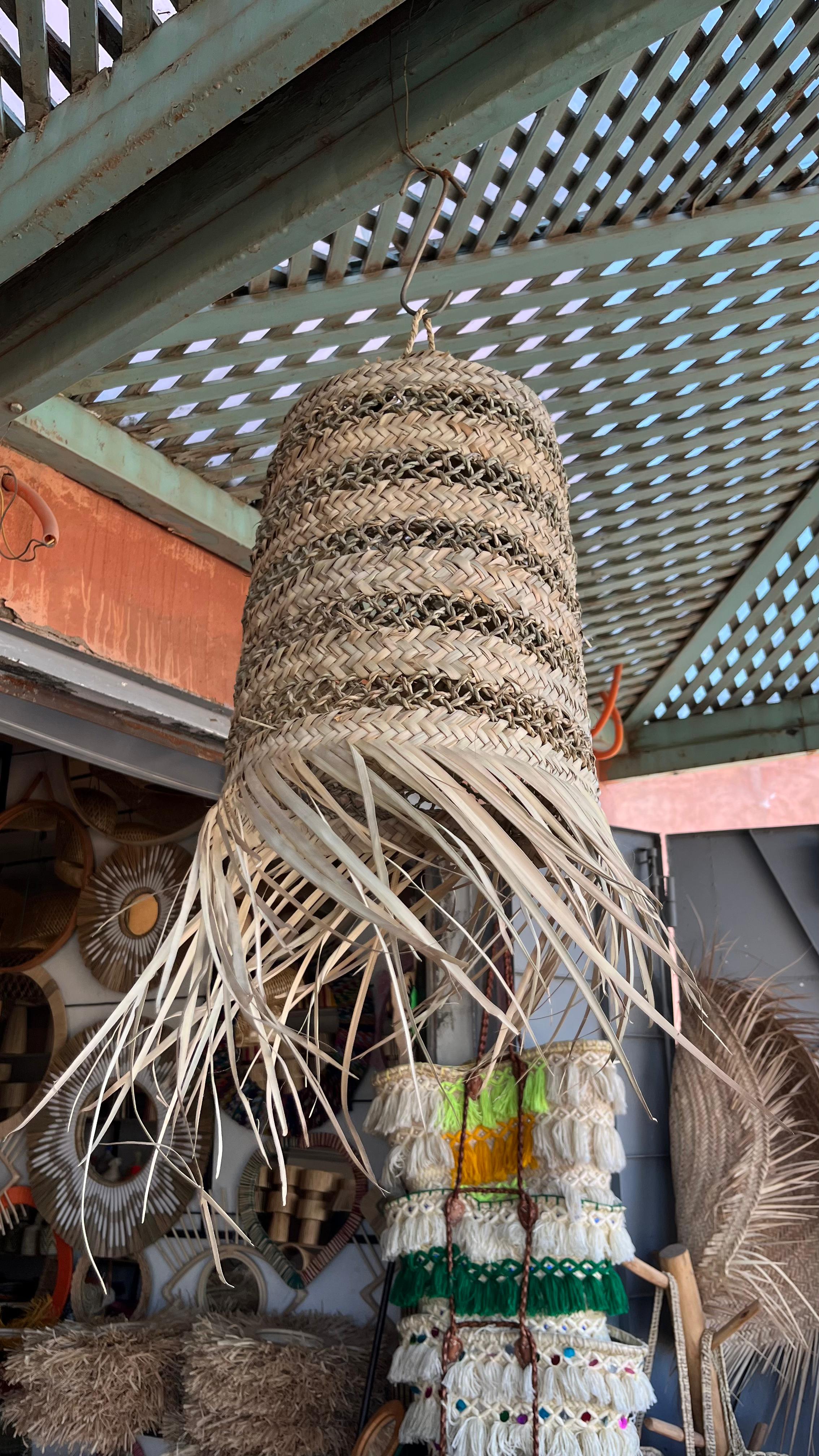 Handwoven Palm staw pendant light boho fringe lampshade natural home decor