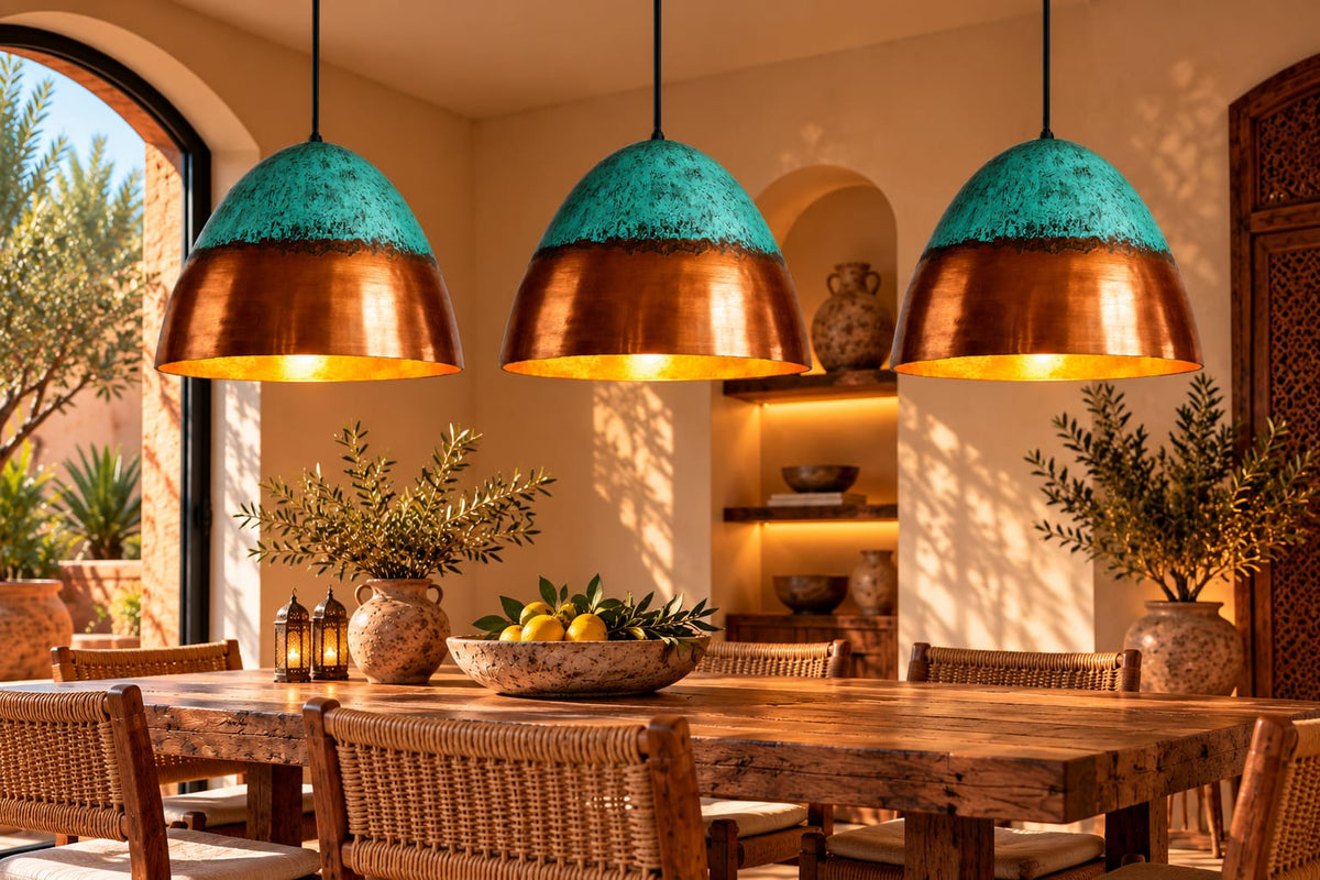 Handmade Brass Pendant Light with Green Patina – Moroccan Boho Lamp traditionnel