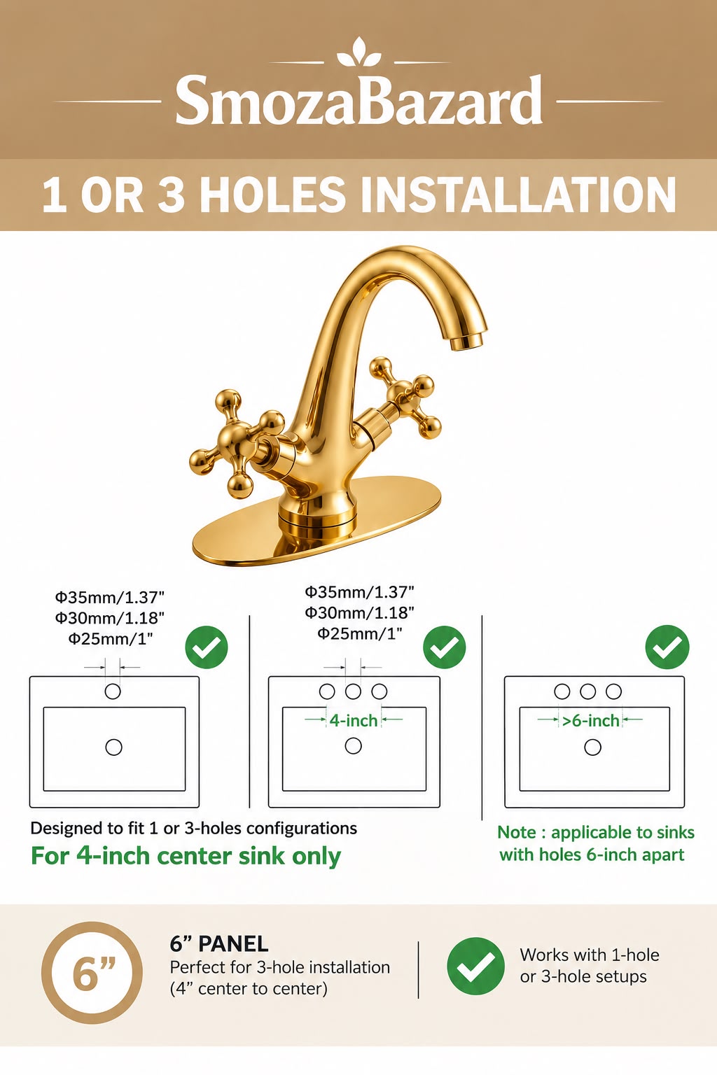 Unlacquered Brass Bathroom Faucet – Single or Triple Hole Basin Tap