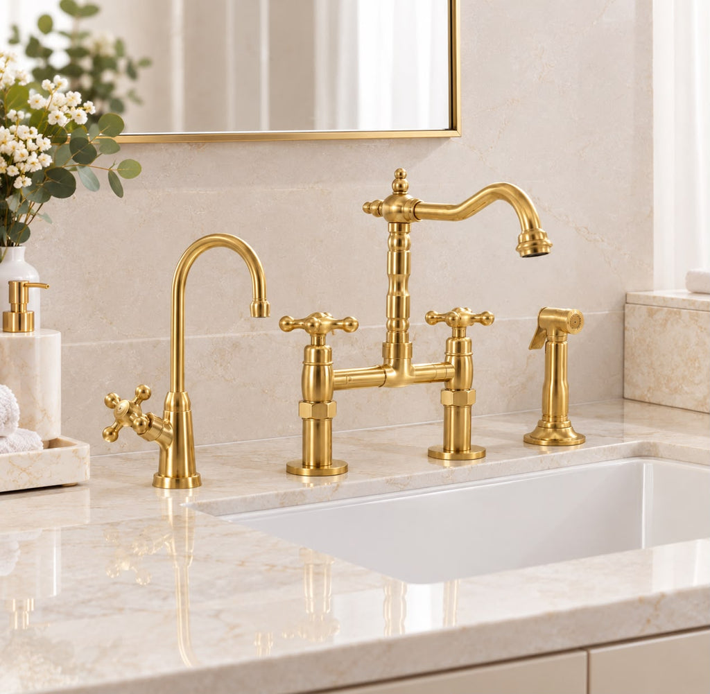 Farmhouse Bridge Kitchen Faucet – Unlacquered Brass
