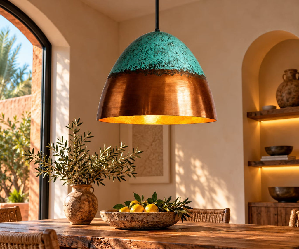 Handmade Brass Pendant Light with Green Patina – Moroccan Boho Lamp traditionnel