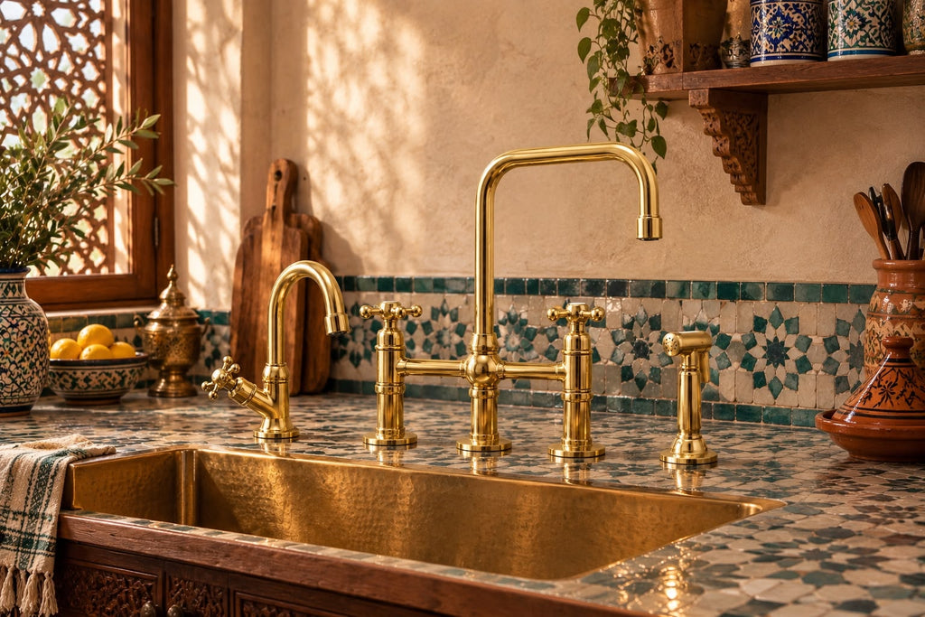 Handmade Solid Brass Three-Hole Bridge Kitchen Faucet with Rectangular Spout