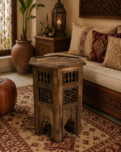 Hand-Graved Moroccan Side Table, Oriental Accent Table, Cedar Wood, Handmade Boho Decor