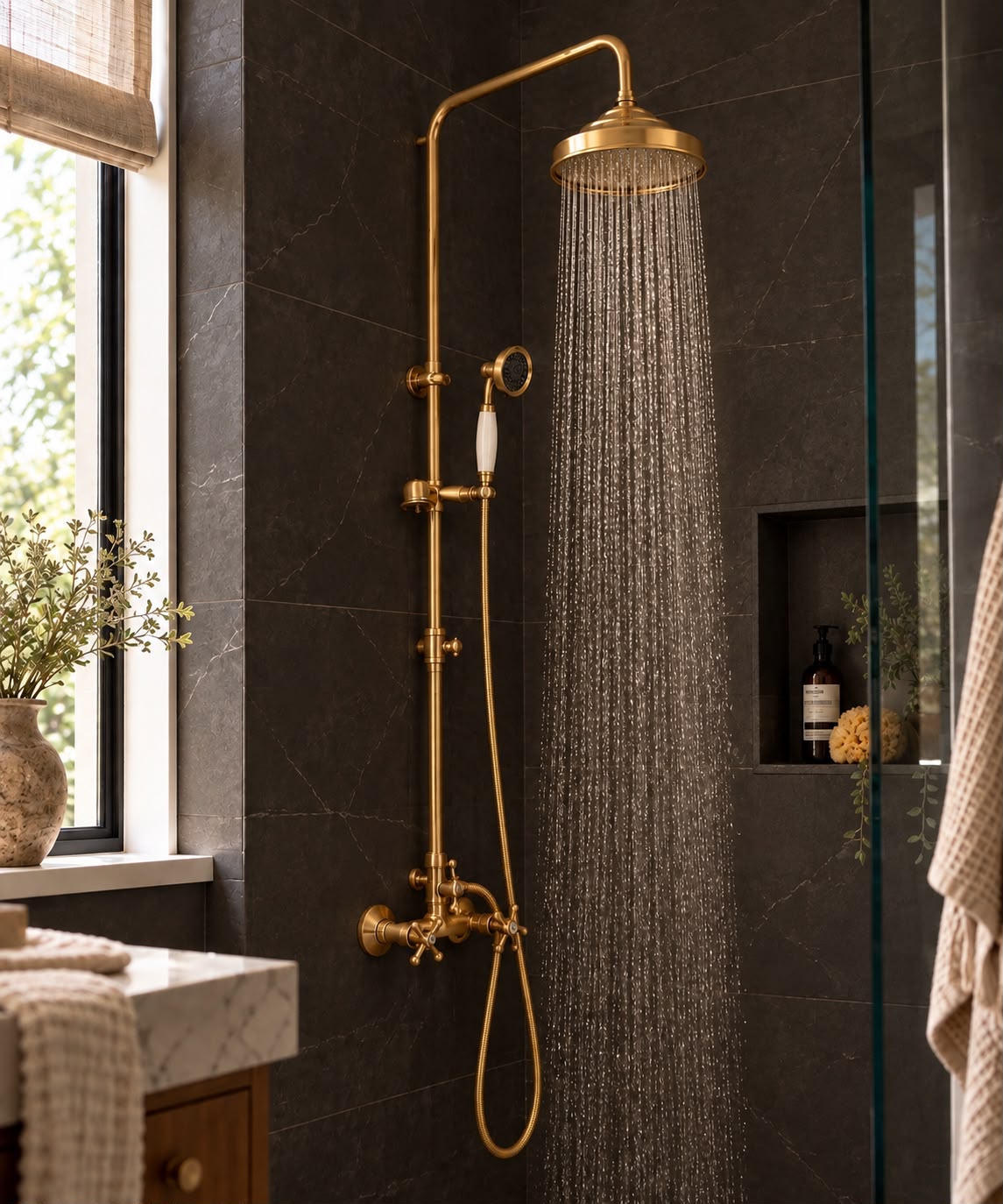 Vintage Unlacquered Brass Shower System – Exposed Shower Faucet with Rainfall Shower Head & Handheld Sprayer