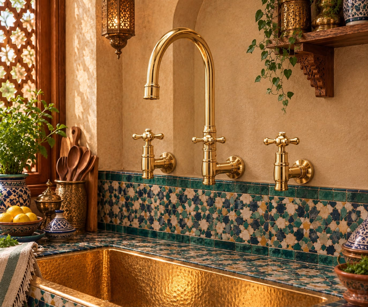 Wall-Mounted Unlacquered Brass Bridge Kitchen Faucet – Handcrafted High-Arc Design