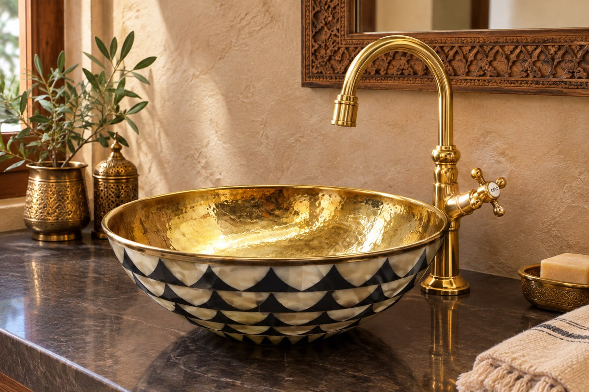 Solid Brass Bathroom Vanity Sink – Handmade Bone-Inlaid Vessel Basin