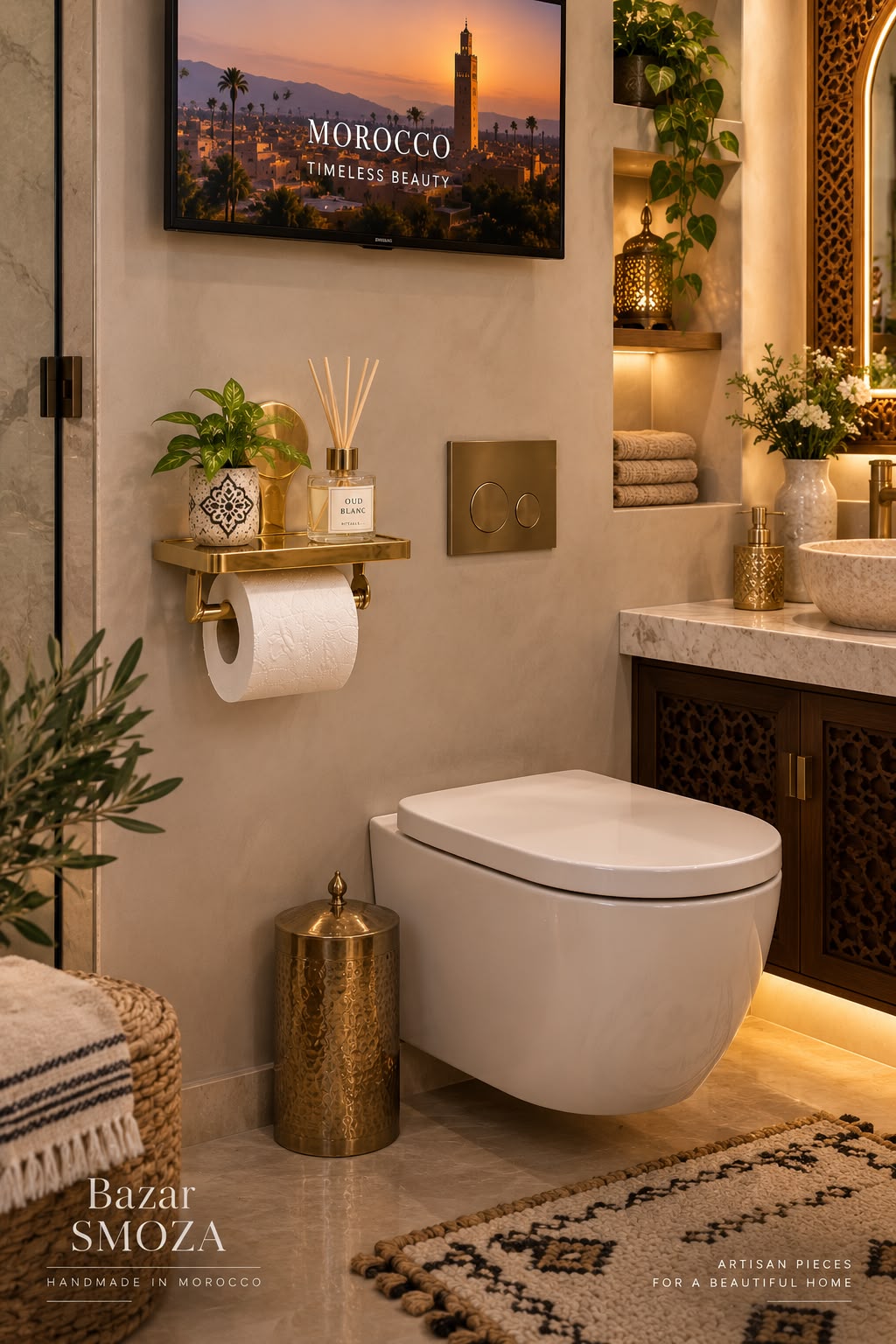 Handmade Moroccan Unlacquered Brass Toilet Paper Holder with Wall Shelf