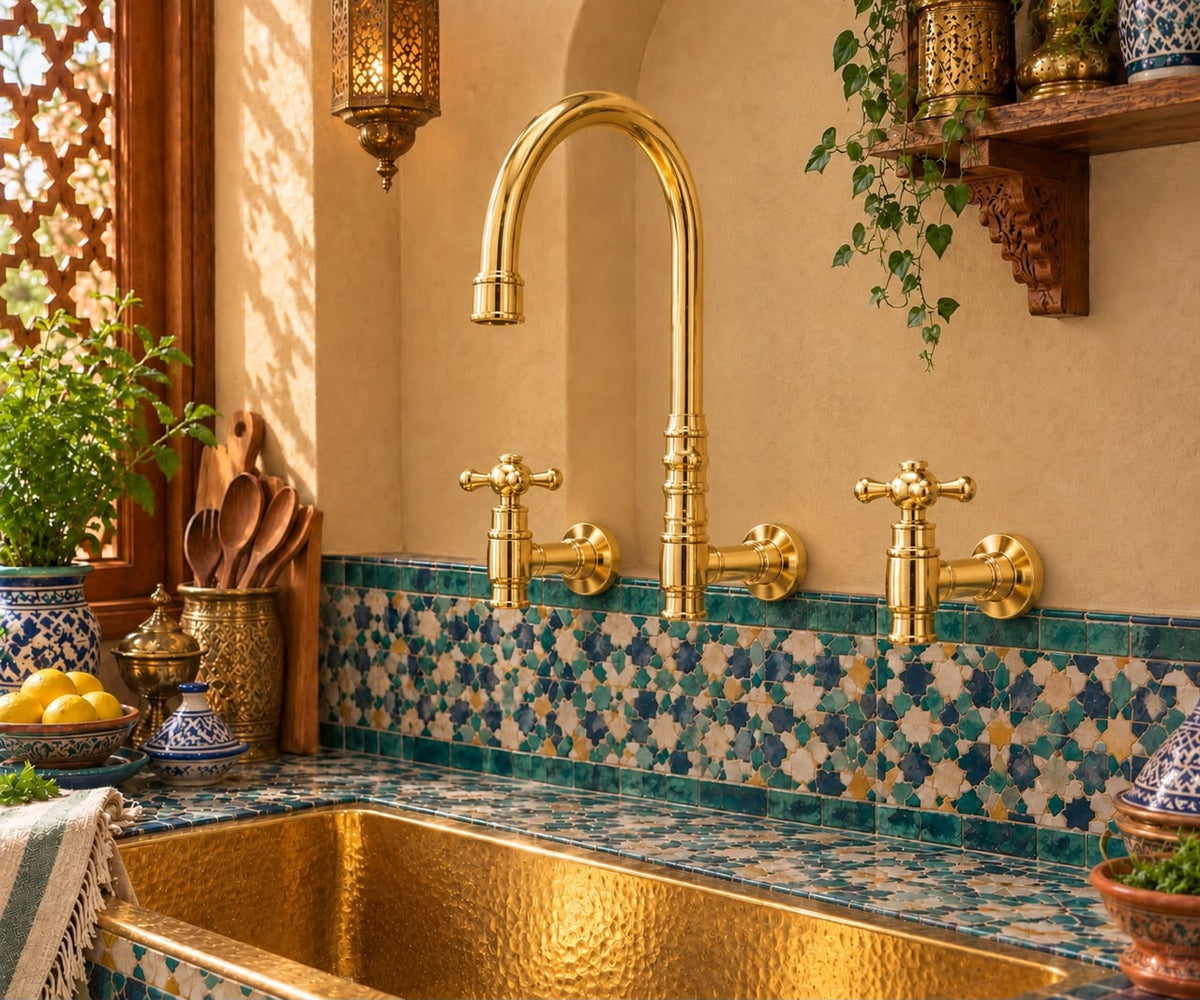 Wall-Mounted Unlacquered Brass Bridge Kitchen Faucet – Handcrafted High-Arc Design